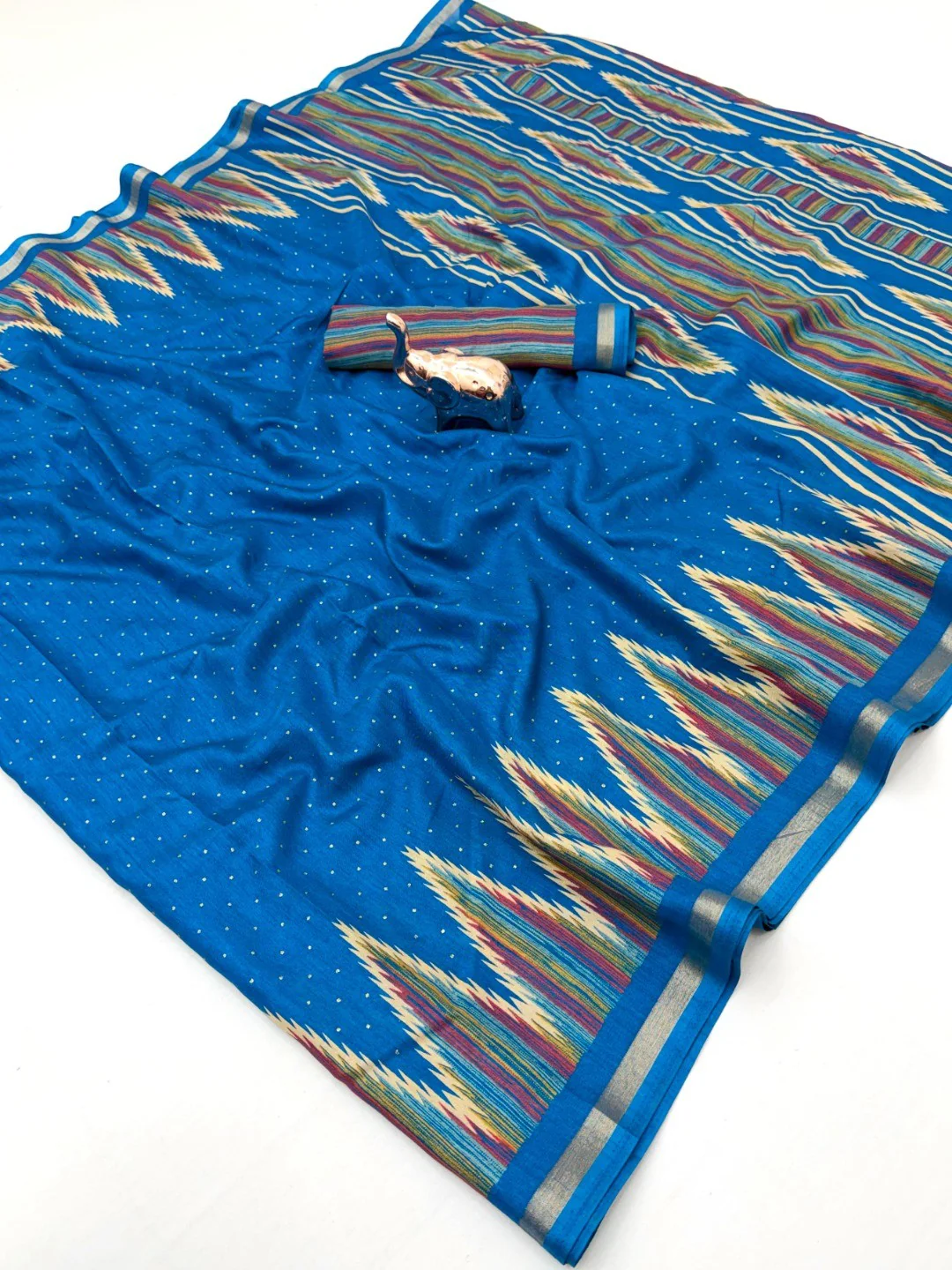 Festive Wear Morpich Blue Geometric Printed Tussar Silk Saree with Artistic Pattern