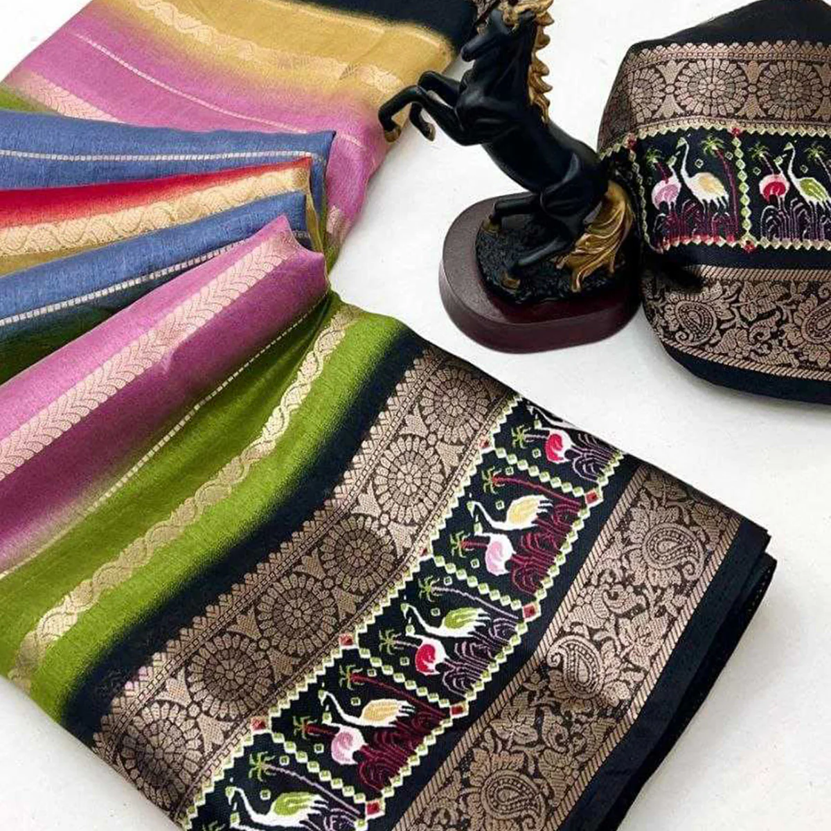 Festive Wear Multicolor Striped Dola Silk Saree with Elegant Zari Weave - Image 2