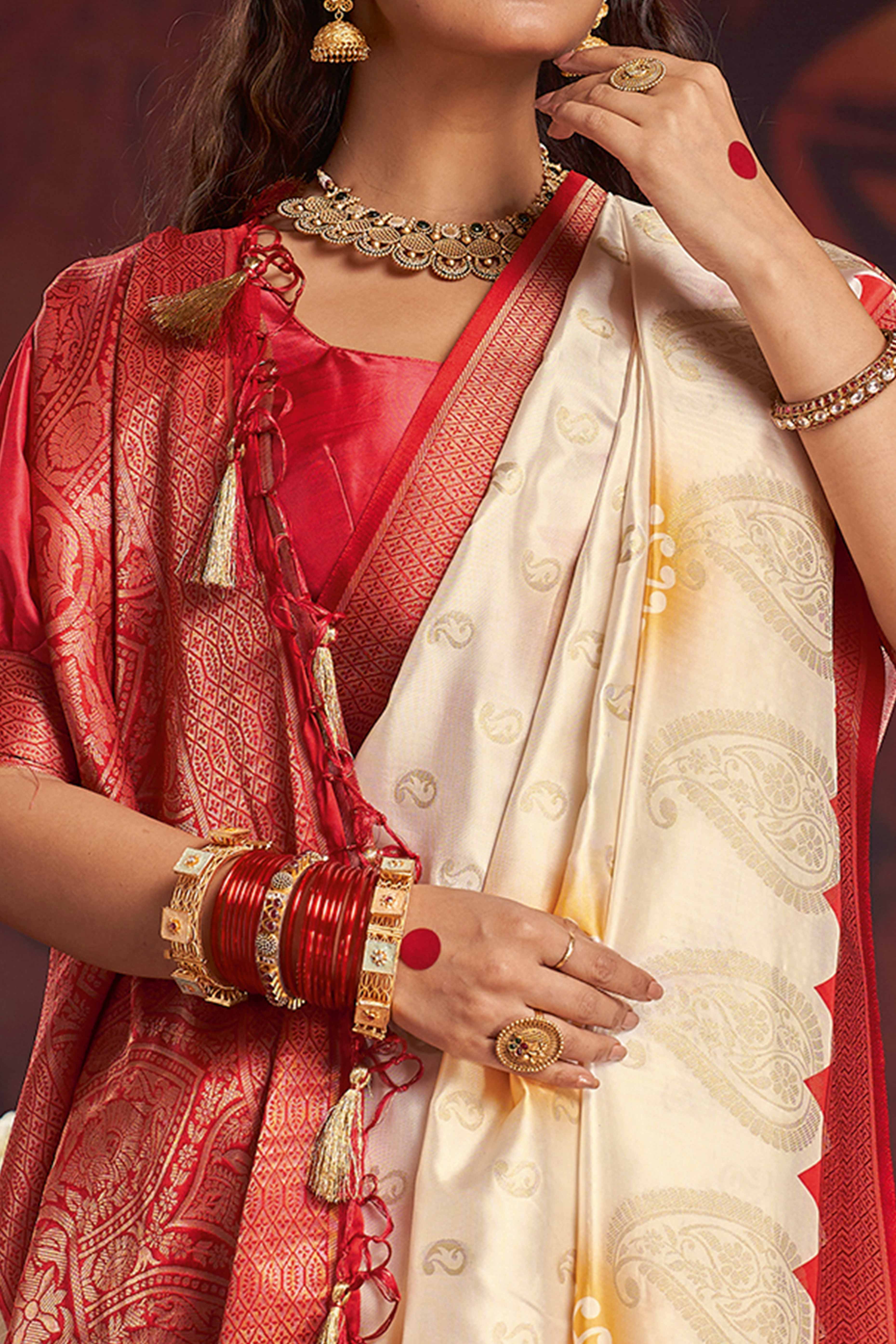 Festive Wear Off White & Red Satin Saree with Traditional Weaving - Image 2
