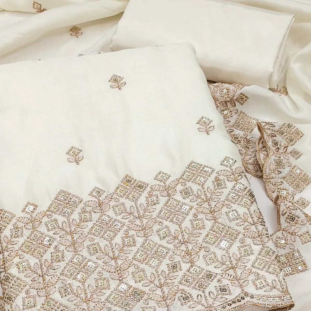 Festive Wear Off White Vichitra Silk Dress Material with Sequins Embellishment - Image 2