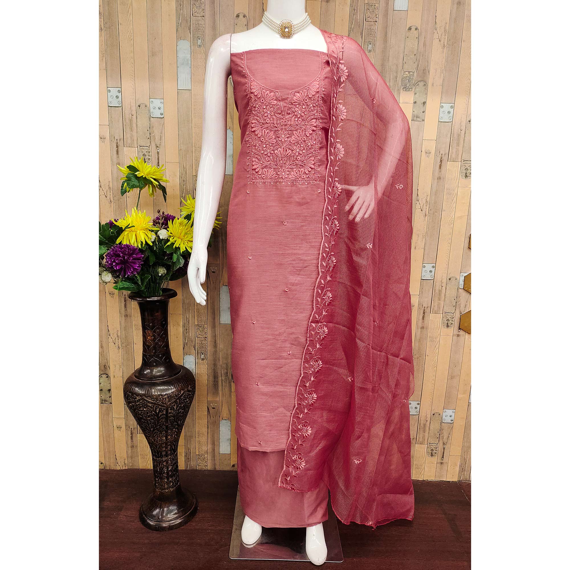 Festive Wear Peach Floral Embroidered Unstitched Cotton Blend Dress Material - Image 3