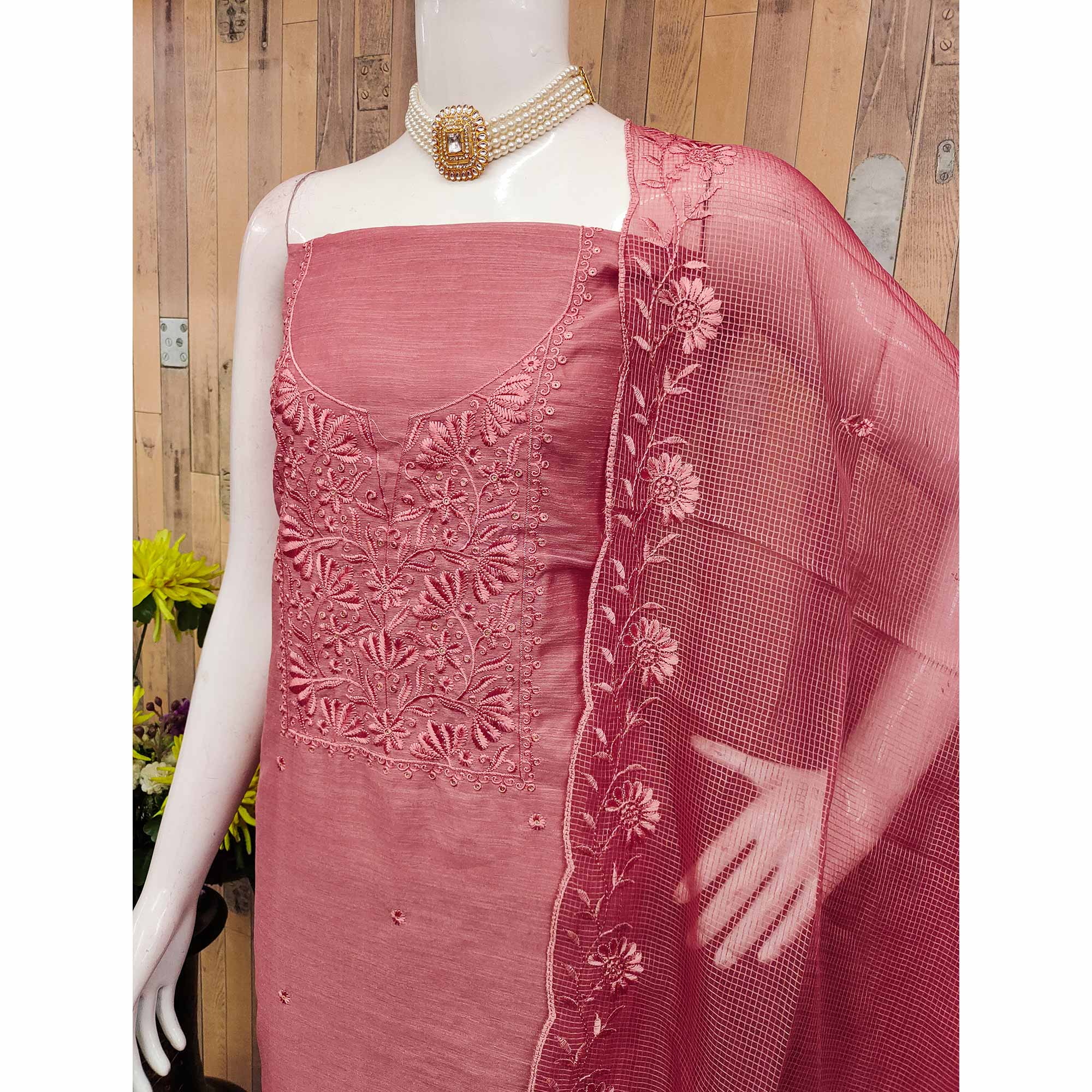 Festive Wear Peach Floral Embroidered Unstitched Cotton Blend Dress Material - Image 4
