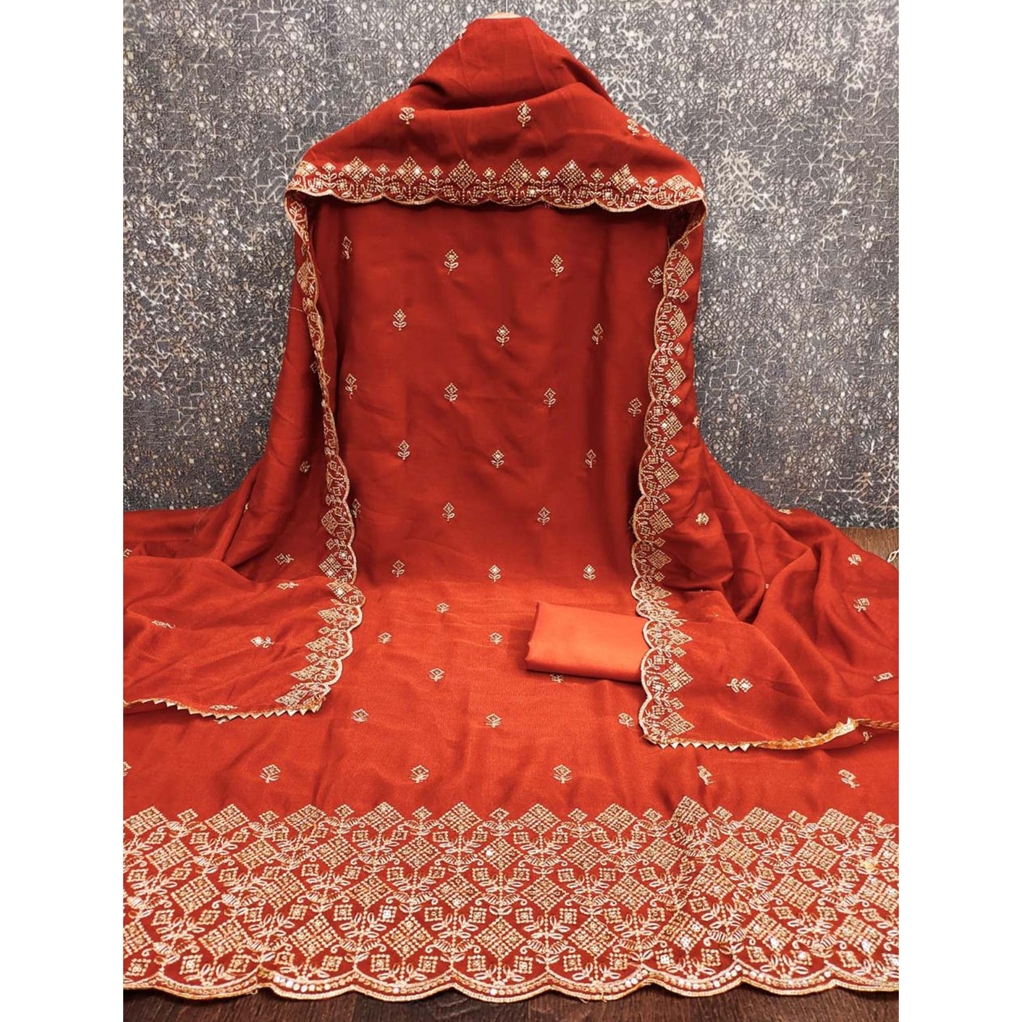 Festive Wear Rust Vichitra Silk Dress Material with Sequins Embellishment - Image 3