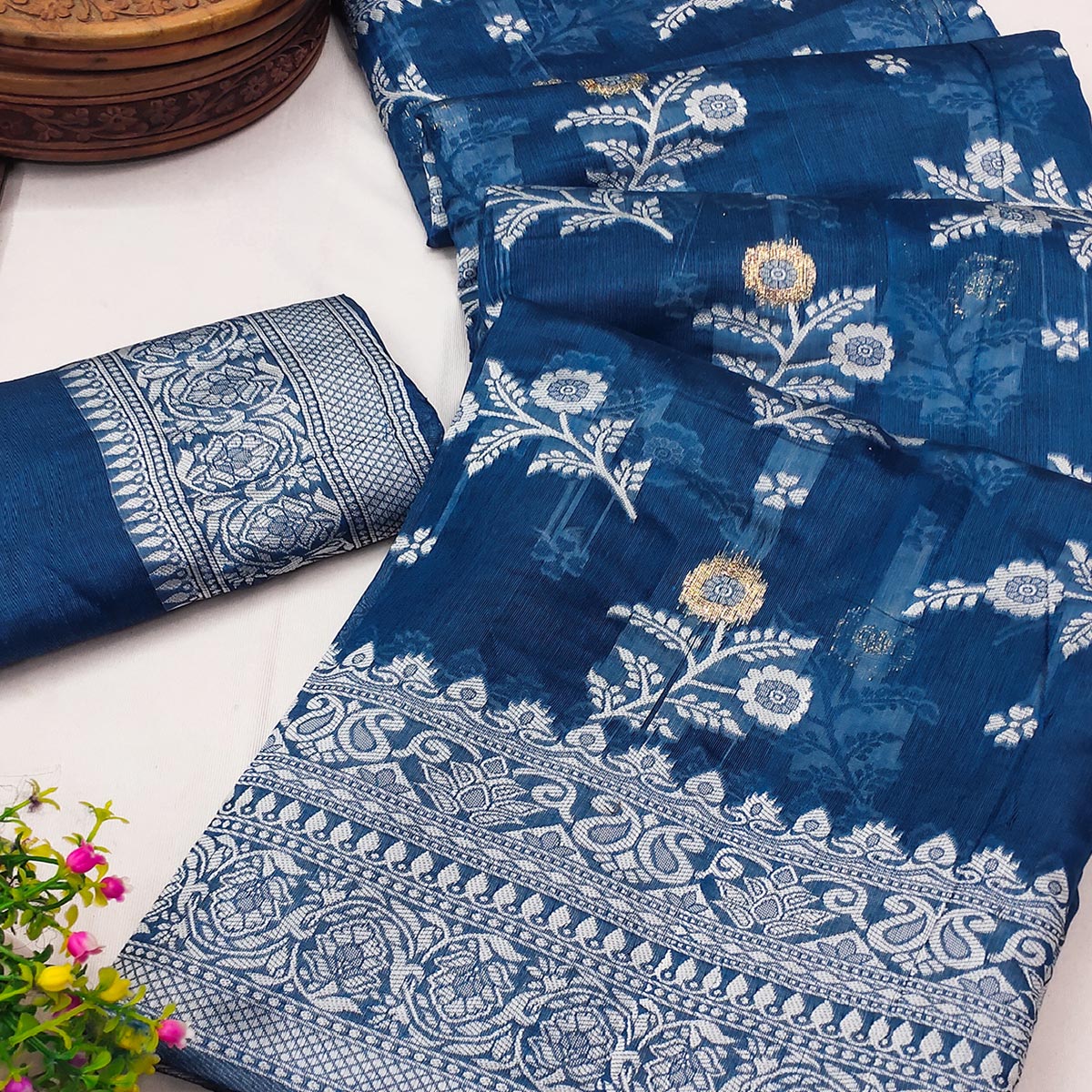 Festive Wear Teal Banarasi Silk Saree with Floral Zari Work - Image 2
