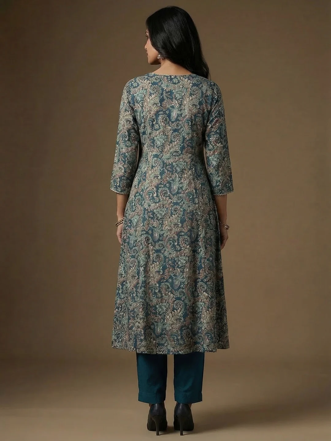 Festive Wear Teal Rayon Paisley Printed A-Line Kurta Salwar Suit with Dupatta - Image 4