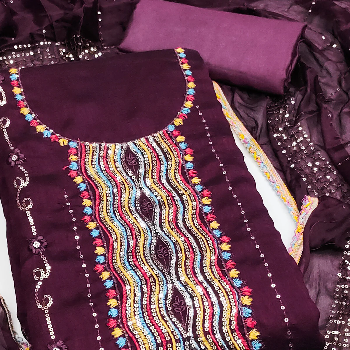Festive Wine Dress Material in Vichitra Silk with Sequin Highlights - Image 2