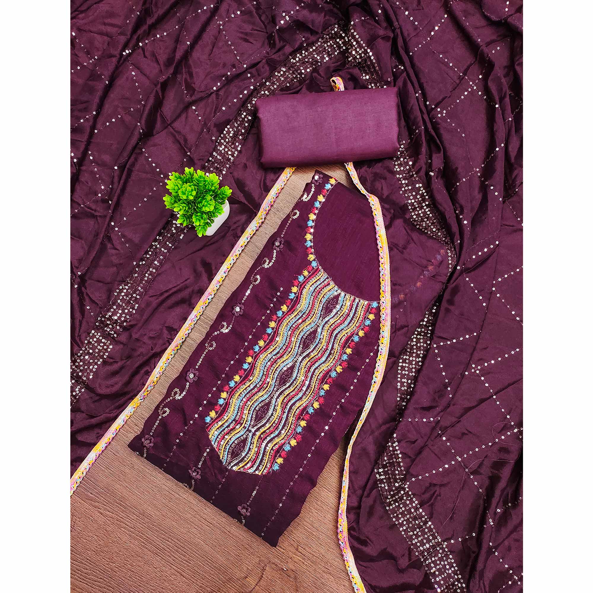 Festive Wine Dress Material in Vichitra Silk with Sequin Highlights - Image 3