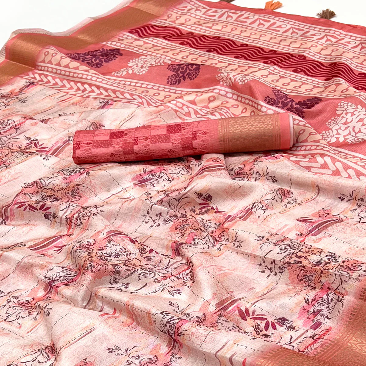 Floral Digital Printed Peach Dola Silk Saree Accented With Intricate Woven Border & Tassel Pallu - Image 2