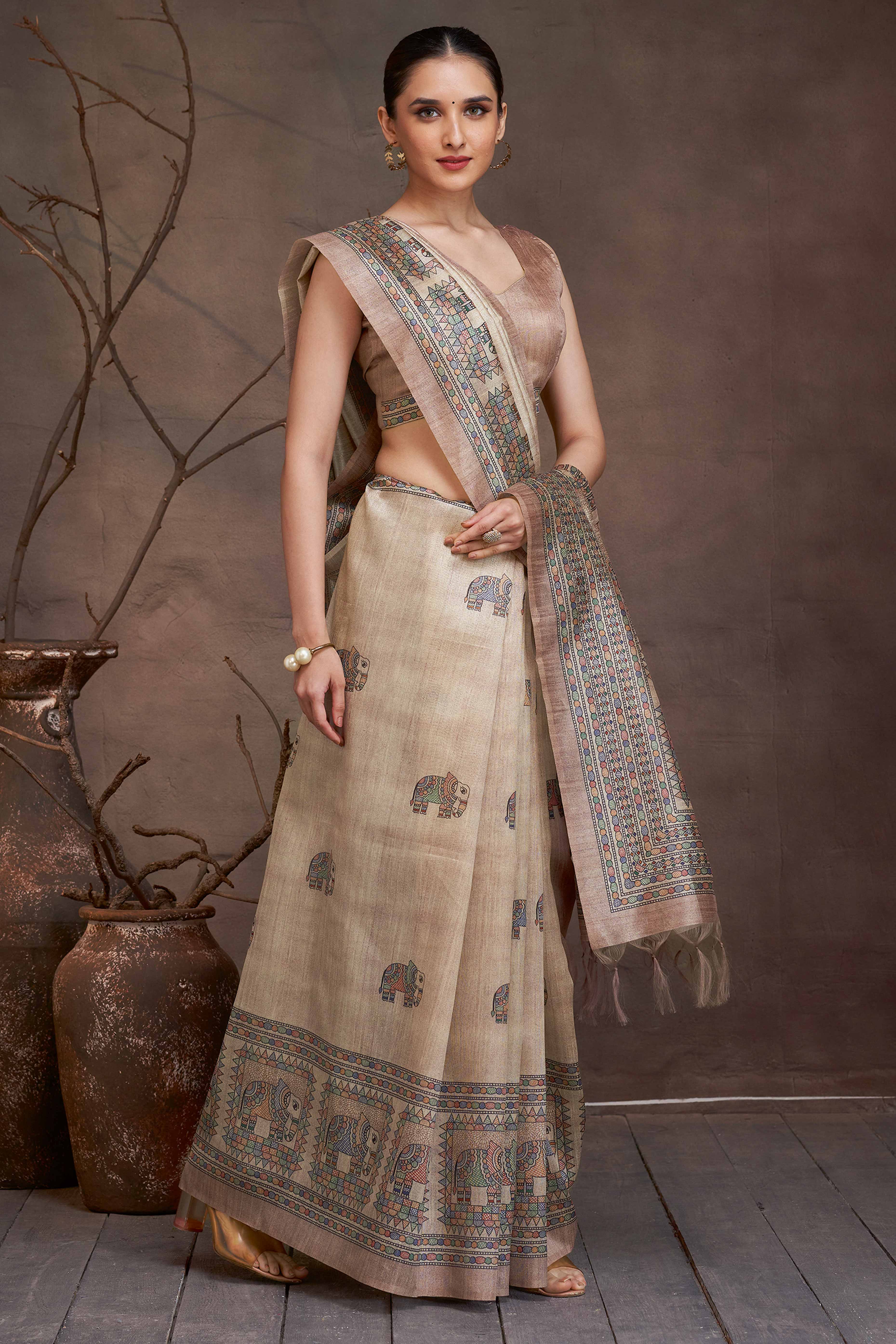 Floral Elegance in Beige Madhubani Print on Soft Cotton Silk - Image 3