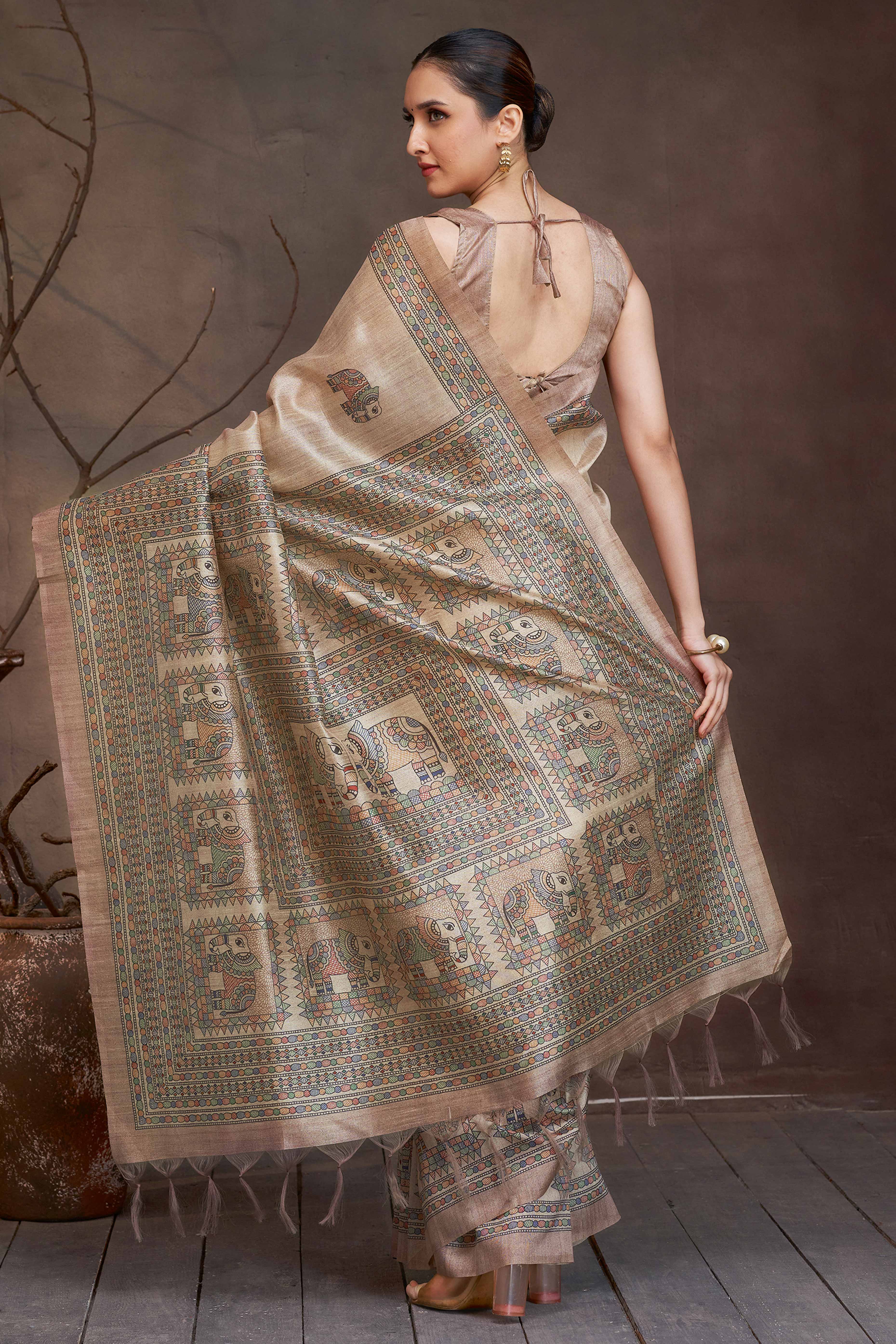 Floral Elegance in Beige Madhubani Print on Soft Cotton Silk - Image 4