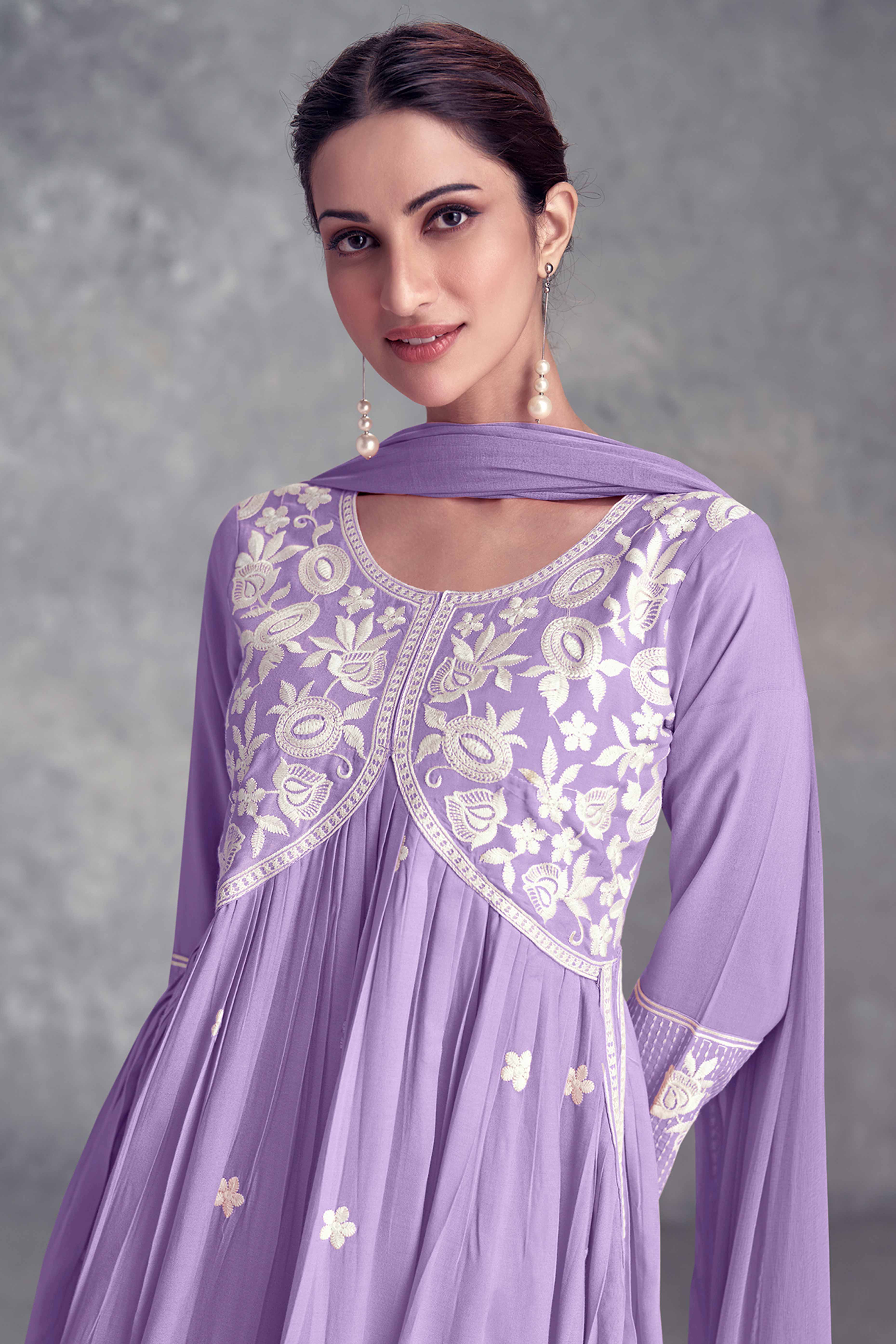 Floral Embroidered Lavender Rayon A-Line Salwar Suit - Image 3