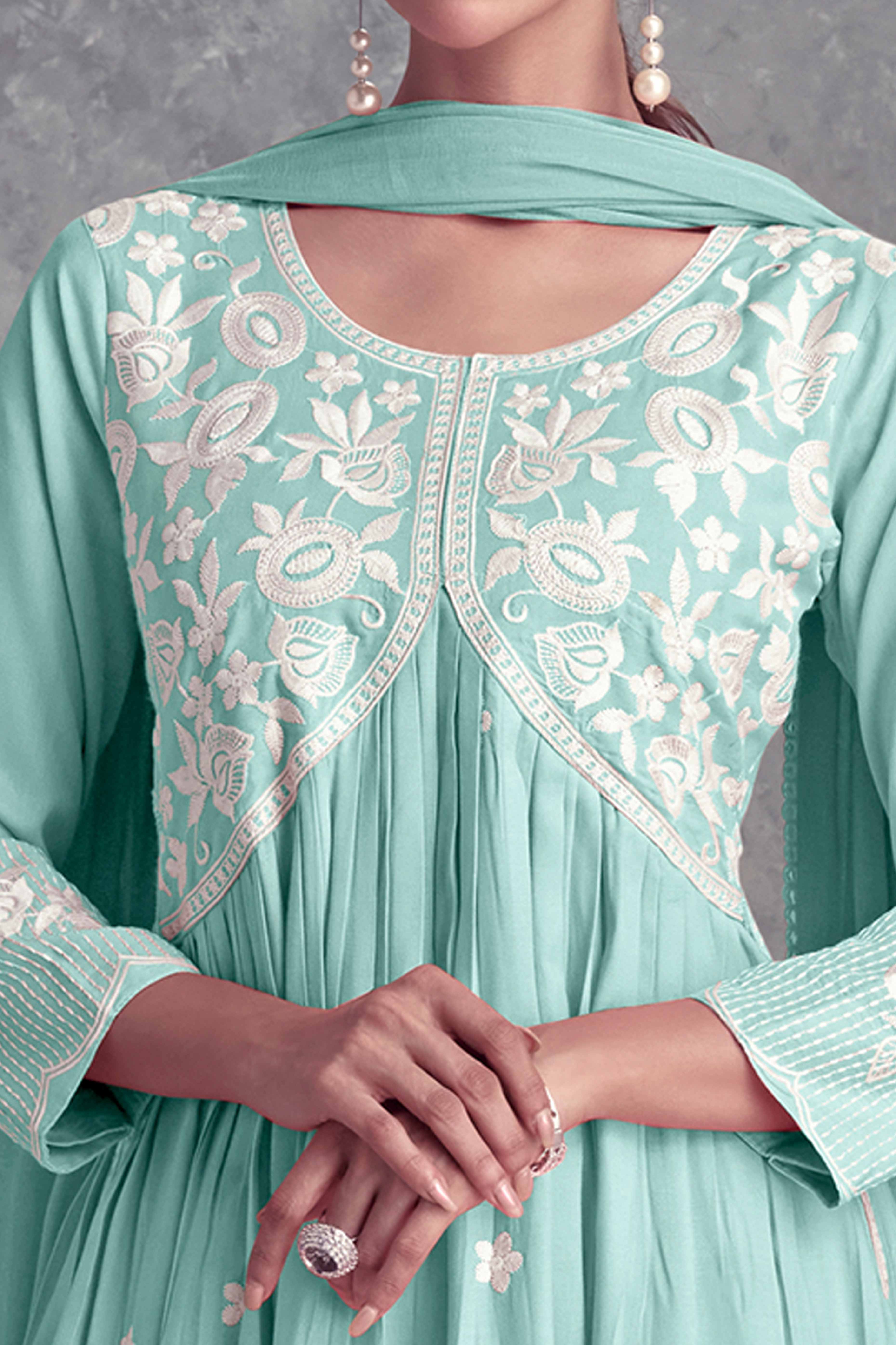 Floral Embroidered Mint Green Rayon A-Line Salwar Suit - Image 2