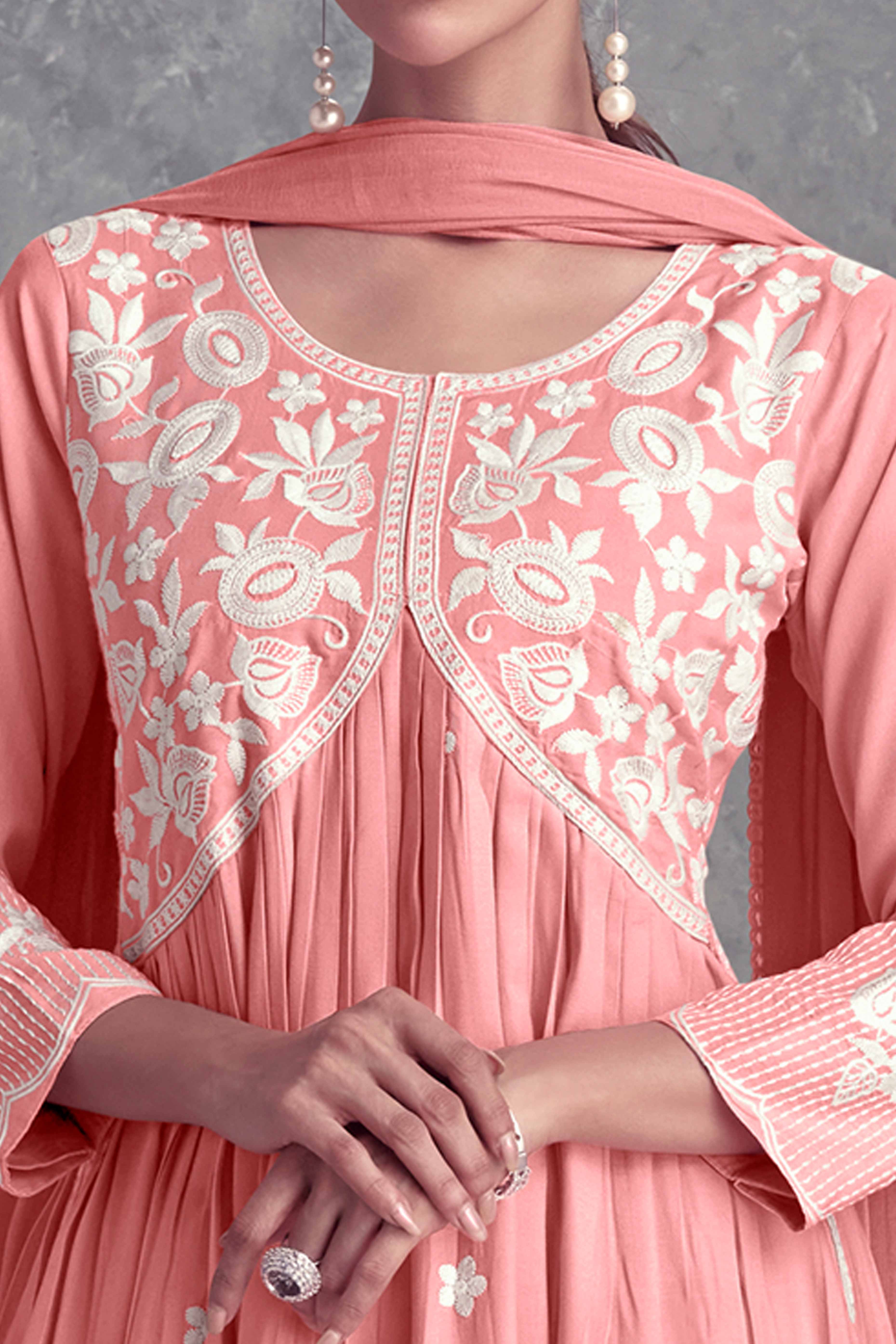 Floral Embroidered Peach Rayon A-Line Salwar Suit - Image 2