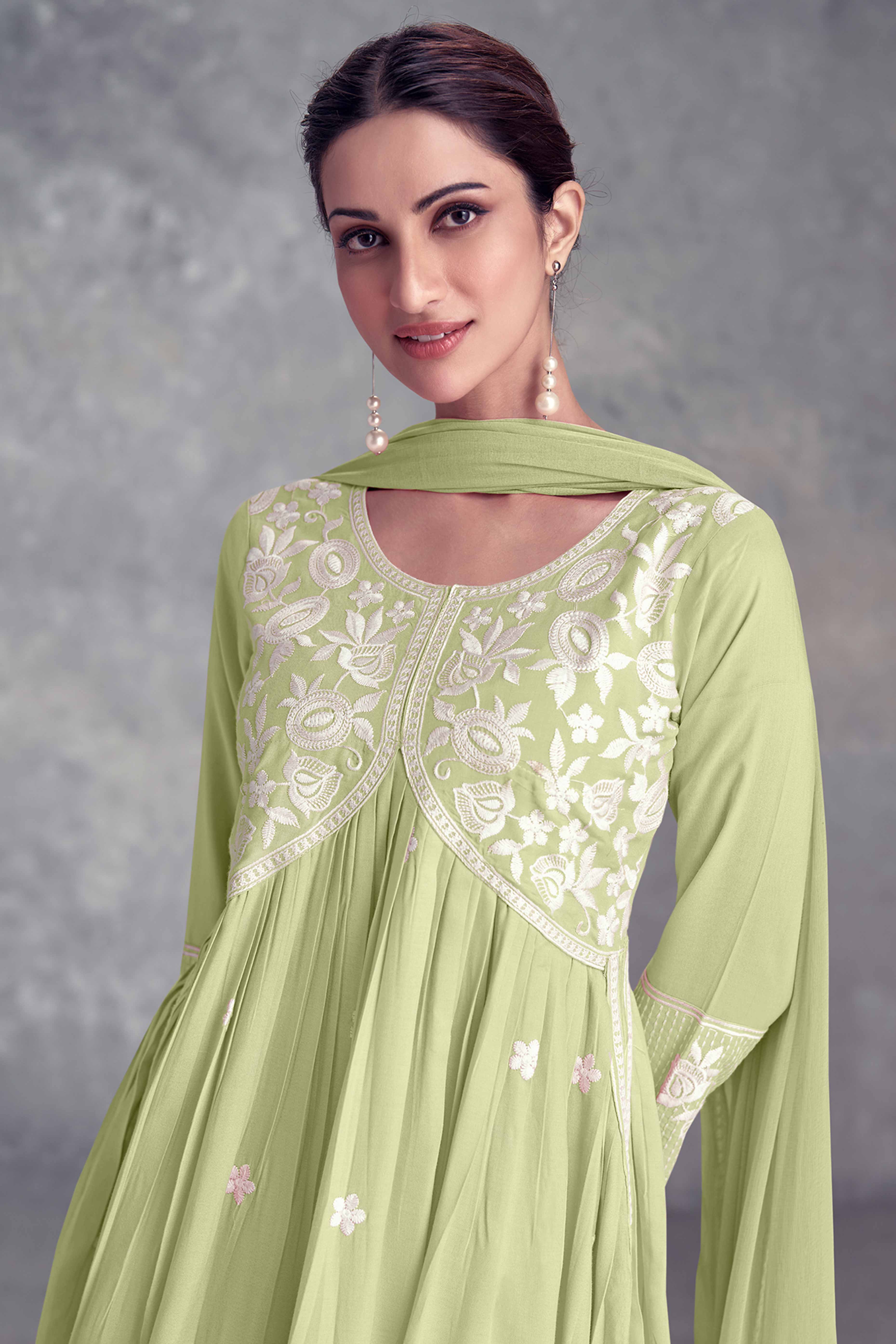 Floral Embroidered Pista Green Rayon A-Line Salwar Suit - Image 3