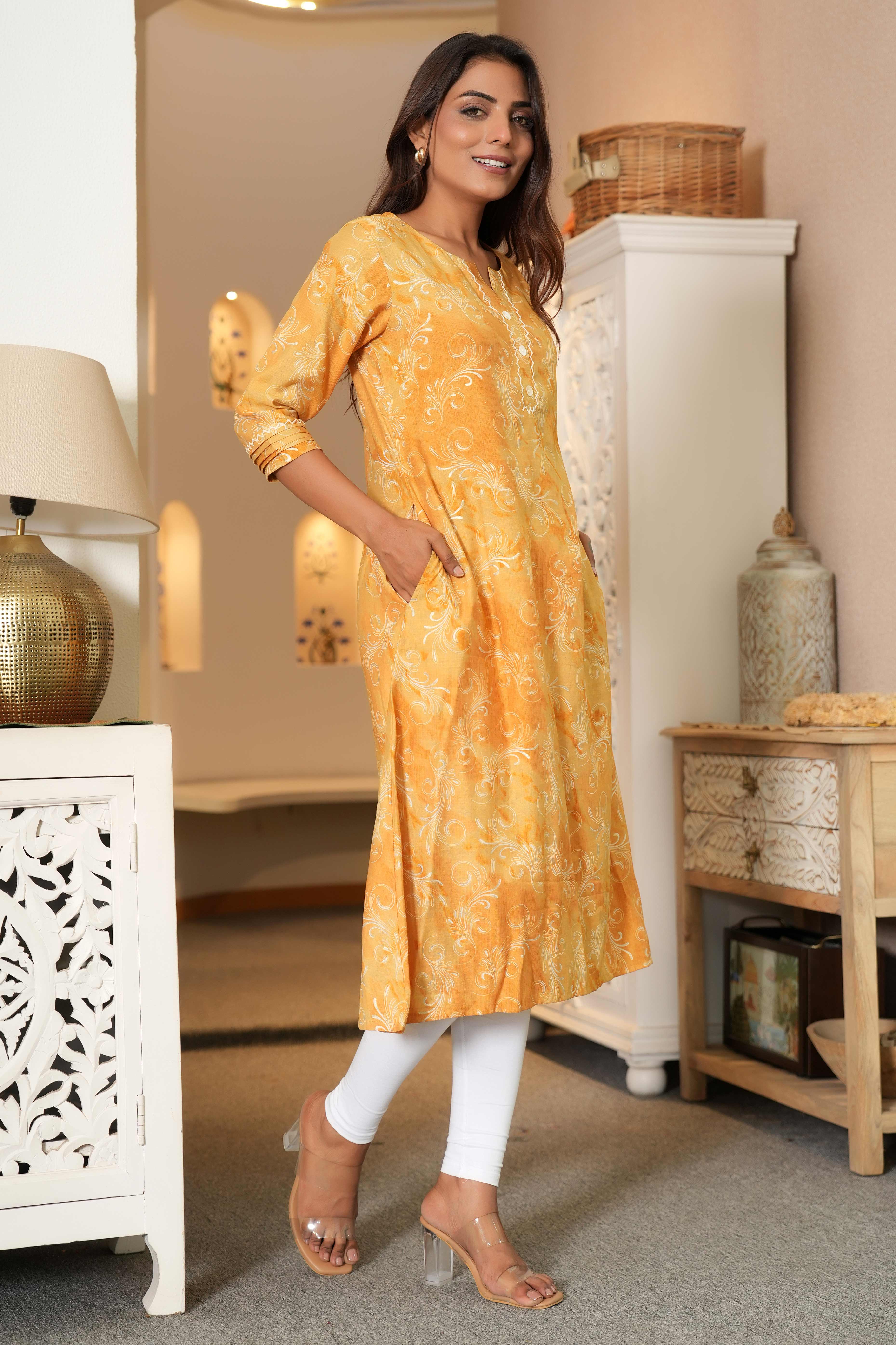 Floral Printed Mustard Capsule Rayon Kurti in Straight Fit - Image 3