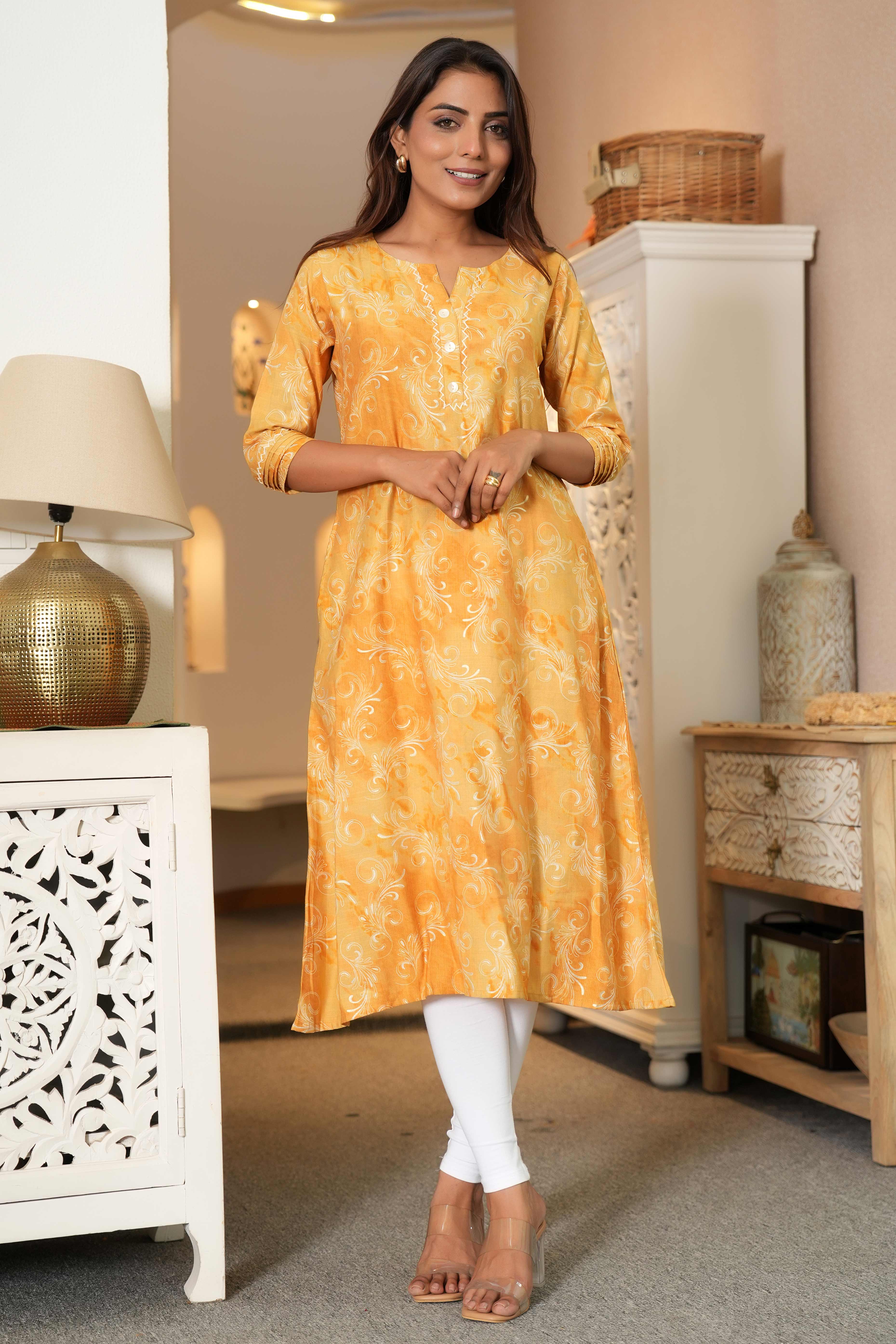 Floral Printed Mustard Capsule Rayon Kurti in Straight Fit - Image 5