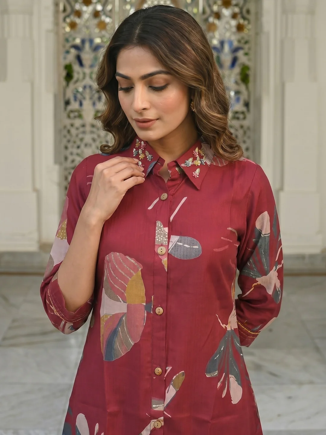 Floral Printed Red Rayon Top Bottom Set Minimal Ethnic Style - Image 2