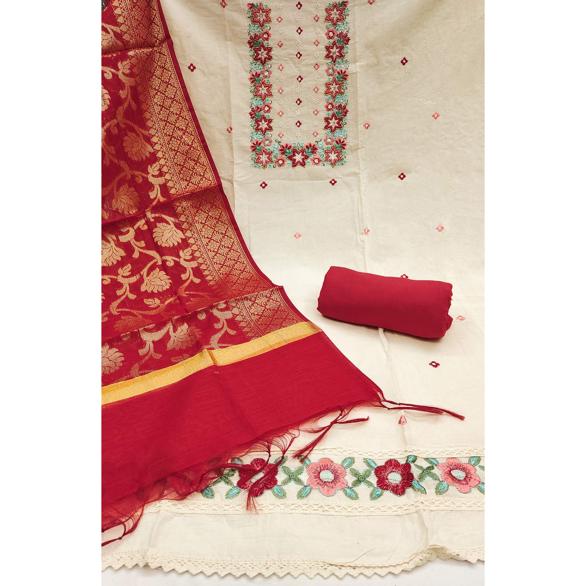 Floral Sequins Embroidered Cream & Red Pure Cotton Dress Material With Delicate Handwork - Image 4
