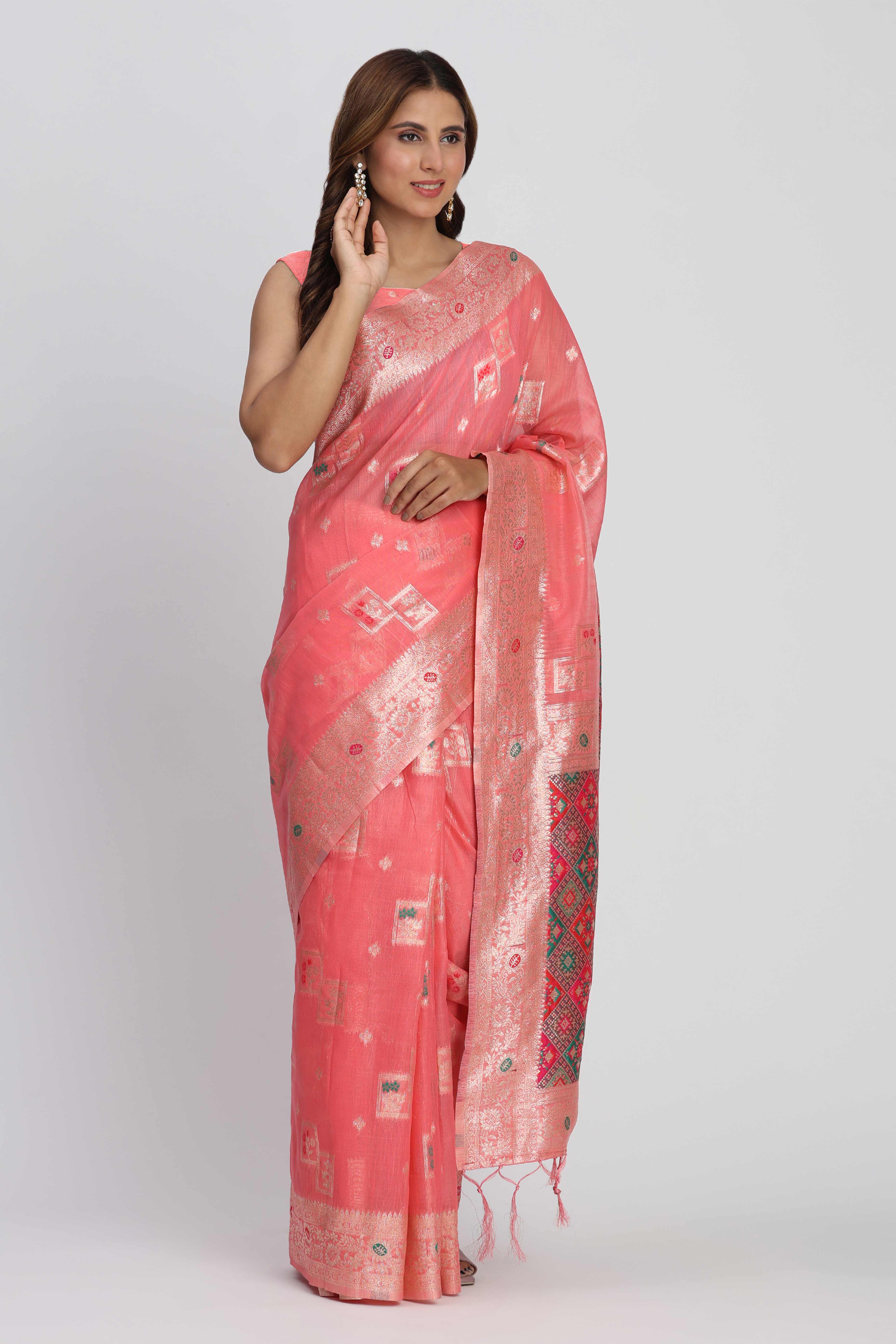 Floral Zari Weaving Brings Regal Beauty To This Coral Pink Linen Cotton Saree With Tassel Accents - Image 4