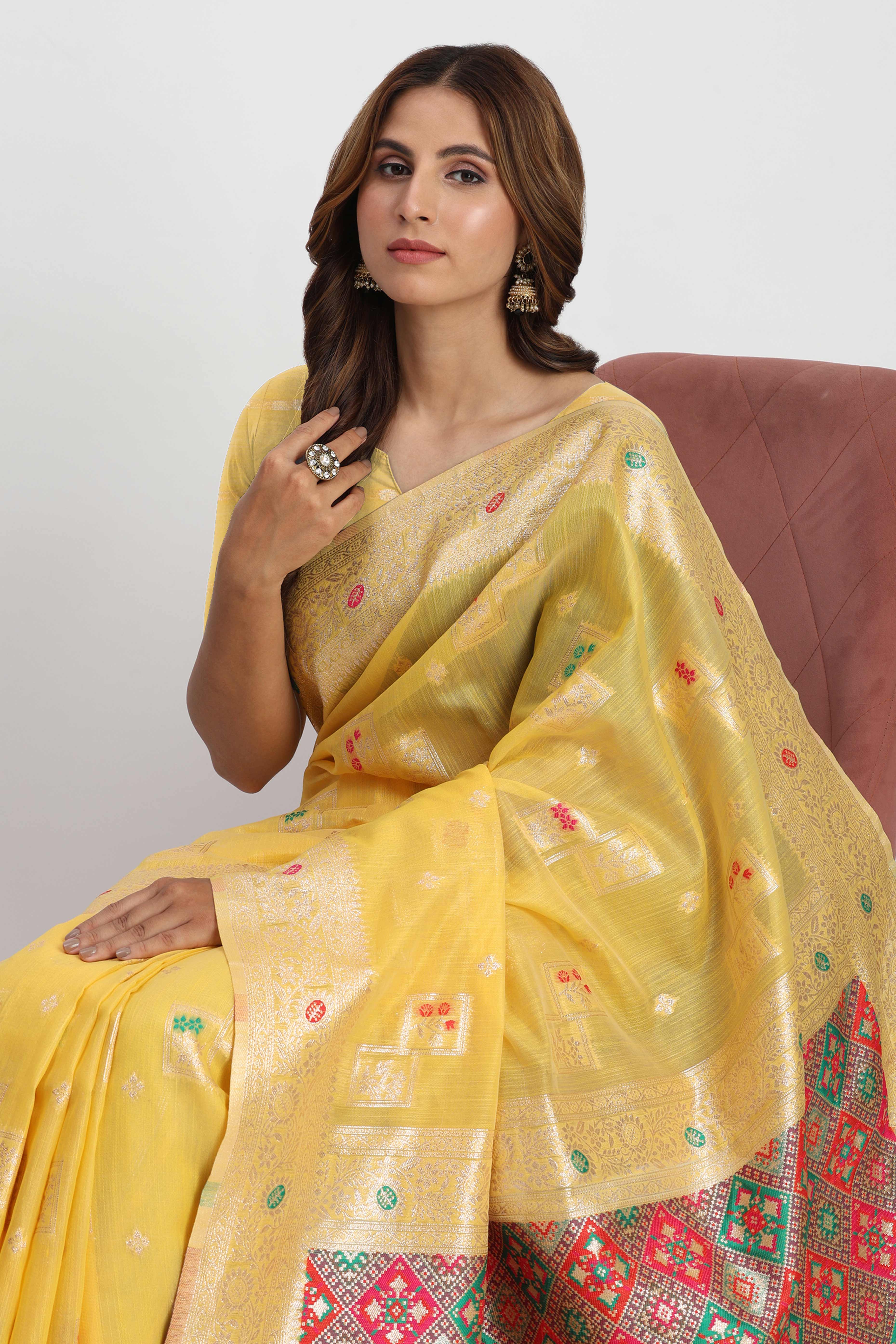Floral Zari Weaving Brings Regal Beauty To This Yellow Linen Cotton Saree With Tassel Accents - Image 7