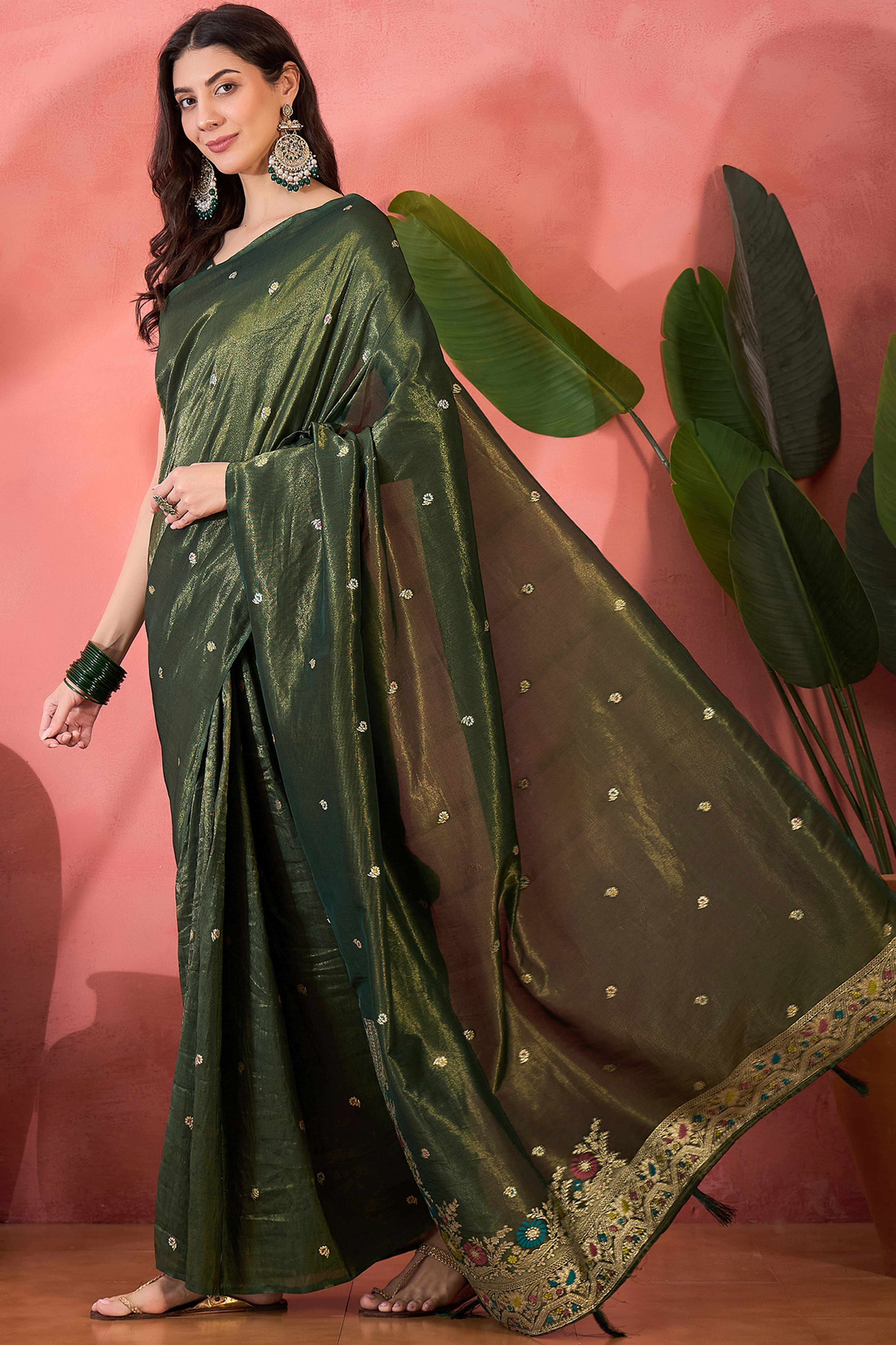 Floral Zari Woven Mehendi Green Saree In Shimmer Finish With Elegant Tassel Pallu - Image 3