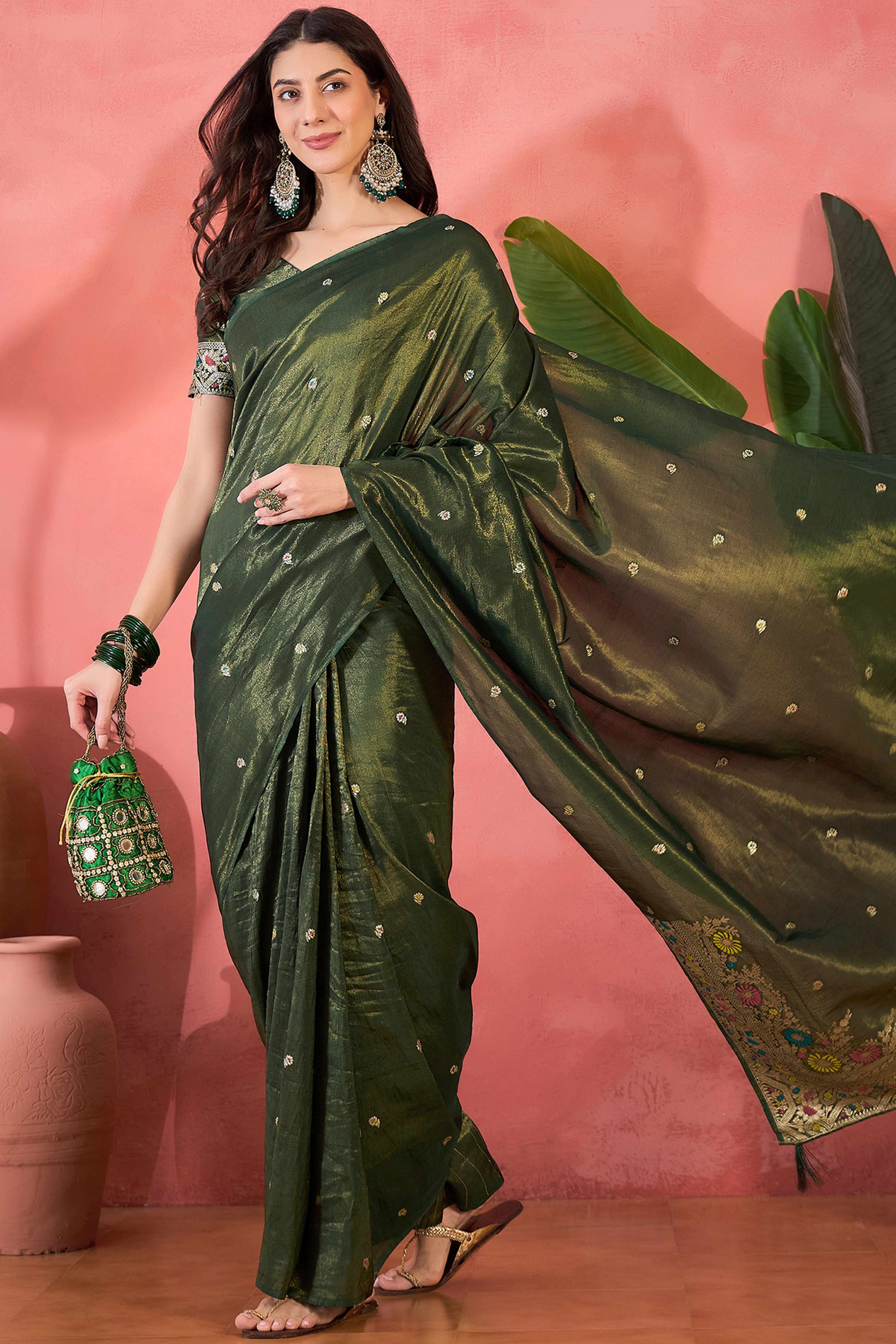 Floral Zari Woven Mehendi Green Saree In Shimmer Finish With Elegant Tassel Pallu - Image 5