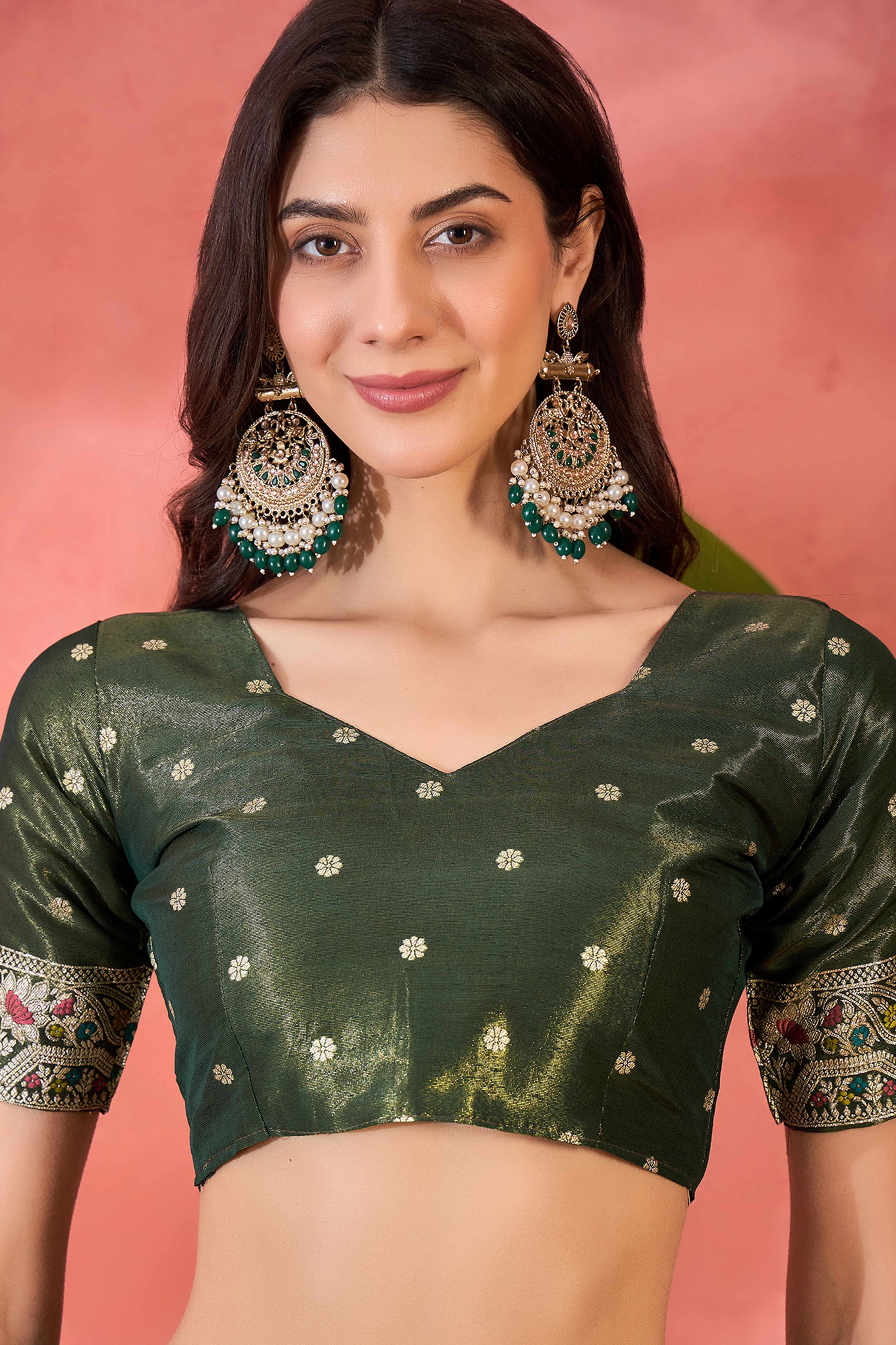 Floral Zari Woven Mehendi Green Saree In Shimmer Finish With Elegant Tassel Pallu - Image 7