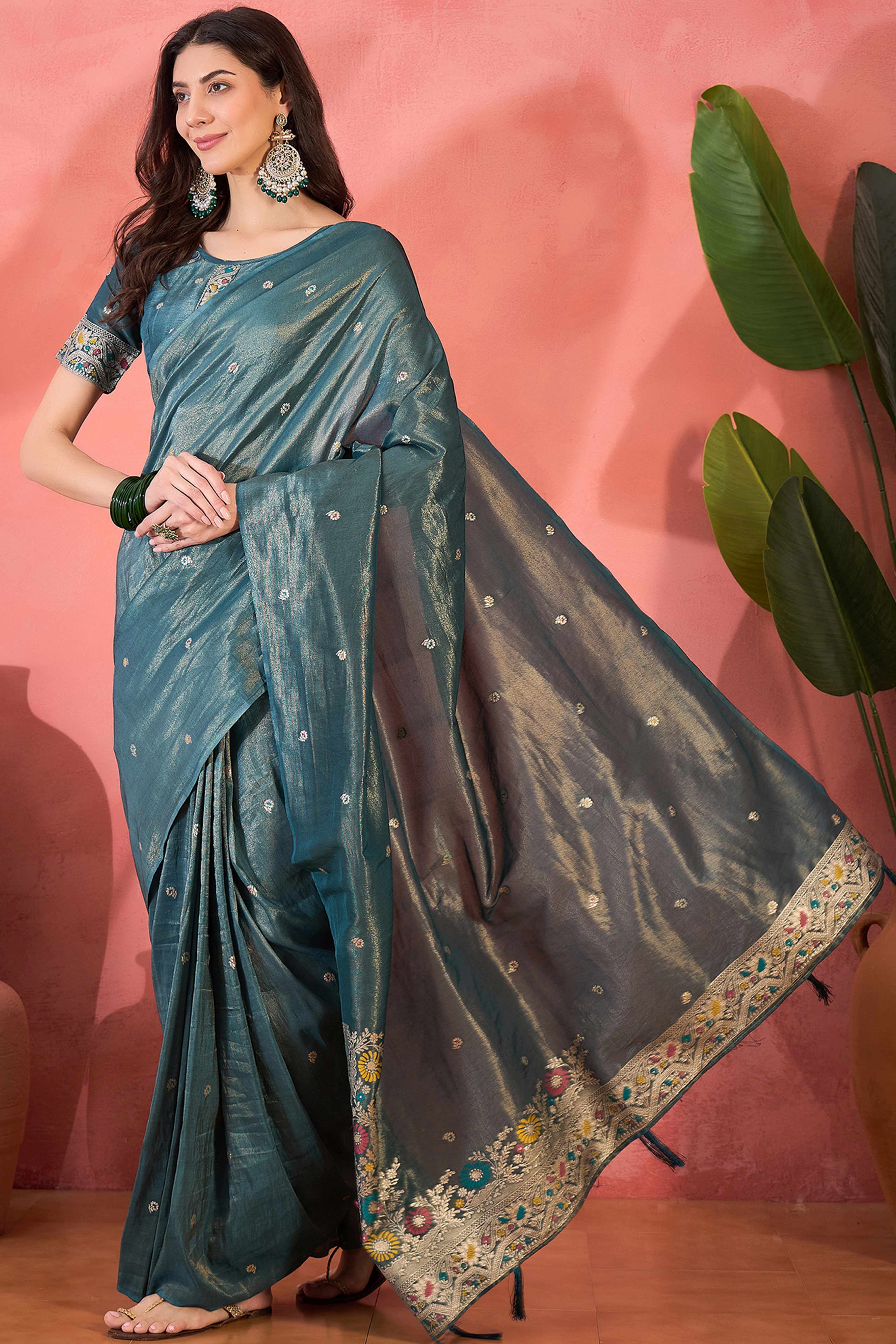 Floral Zari Woven Teal Blue Saree In Shimmer Finish With Elegant Tassel Pallu - Image 4