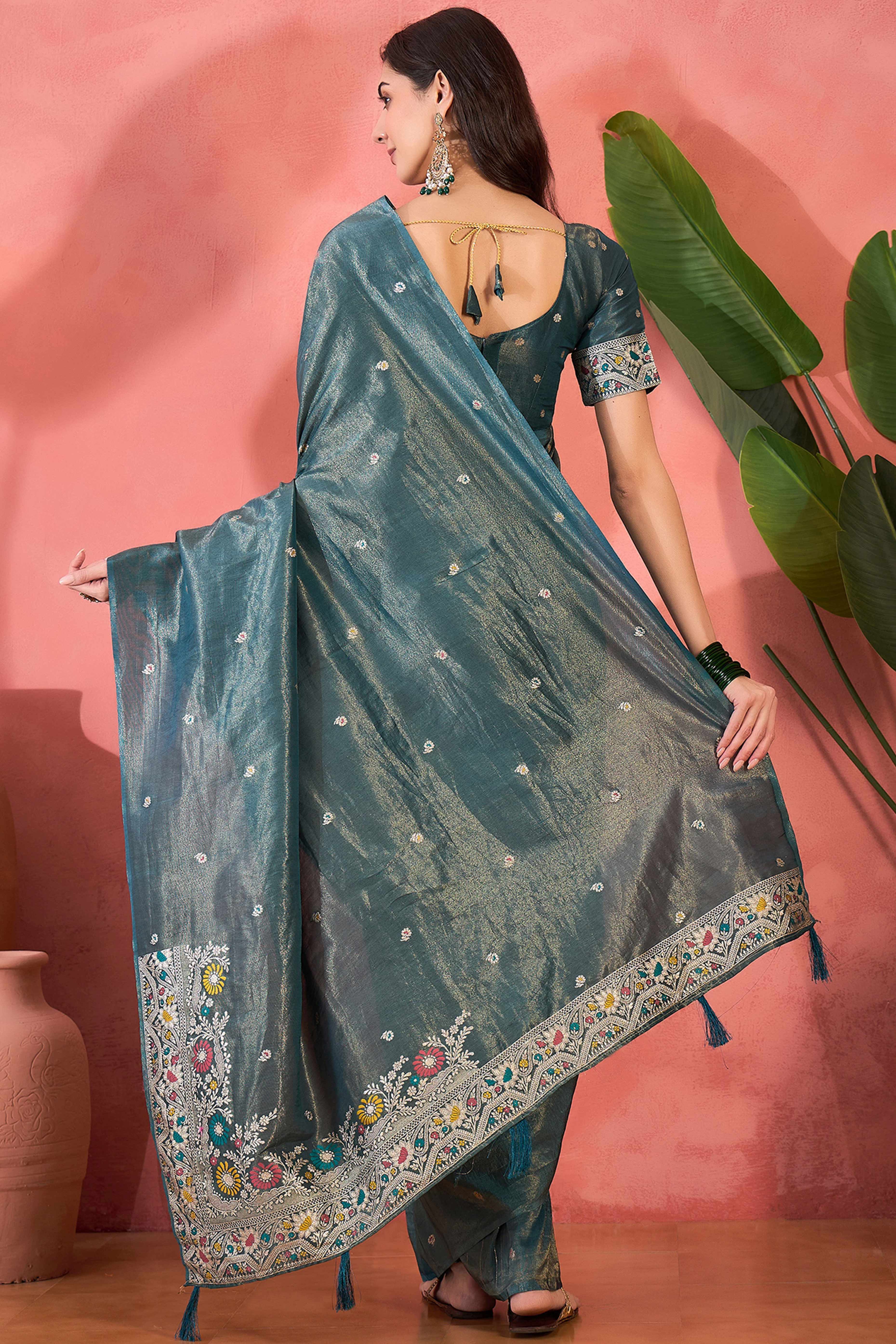 Floral Zari Woven Teal Blue Saree In Shimmer Finish With Elegant Tassel Pallu - Image 5