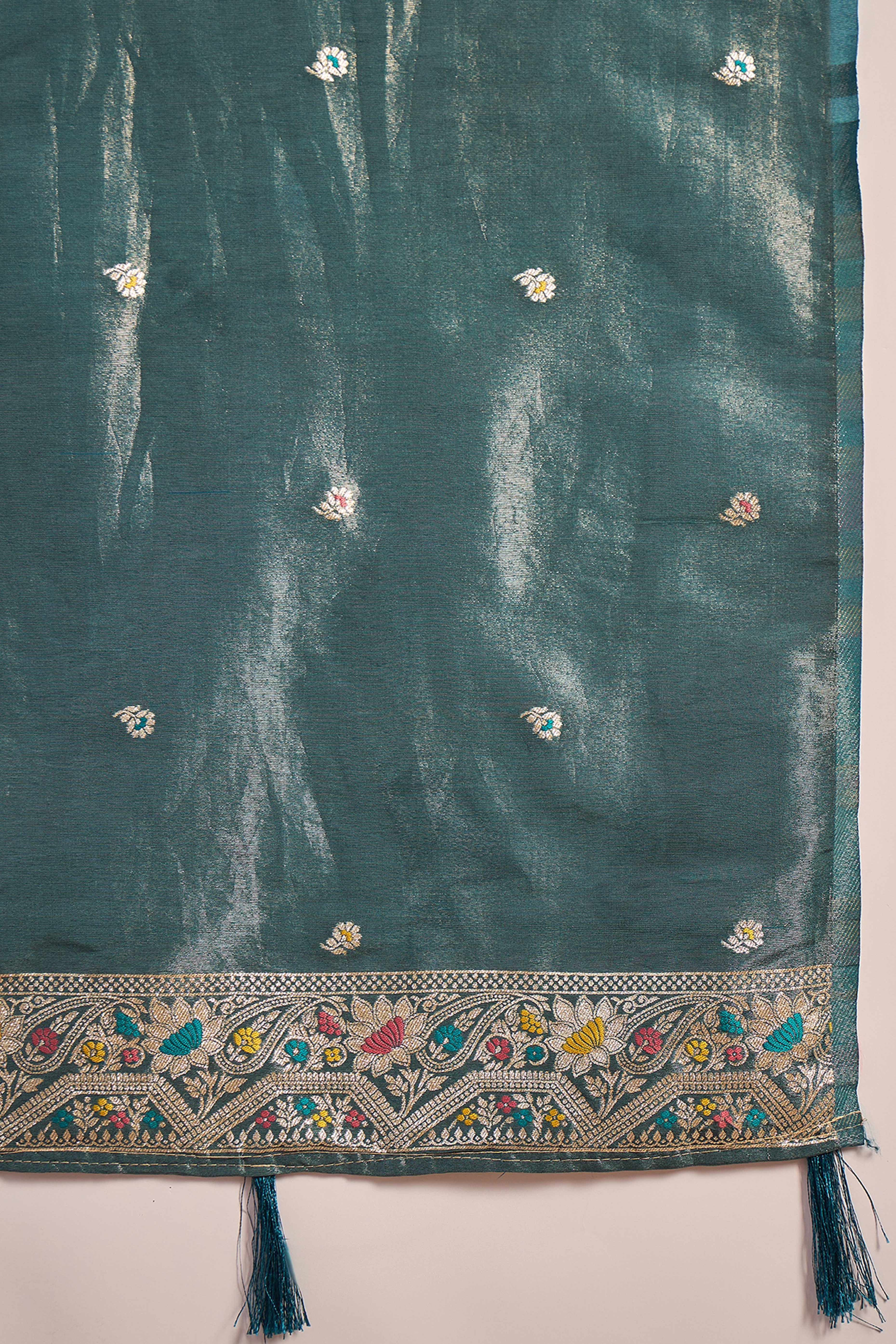 Floral Zari Woven Teal Blue Saree In Shimmer Finish With Elegant Tassel Pallu - Image 8