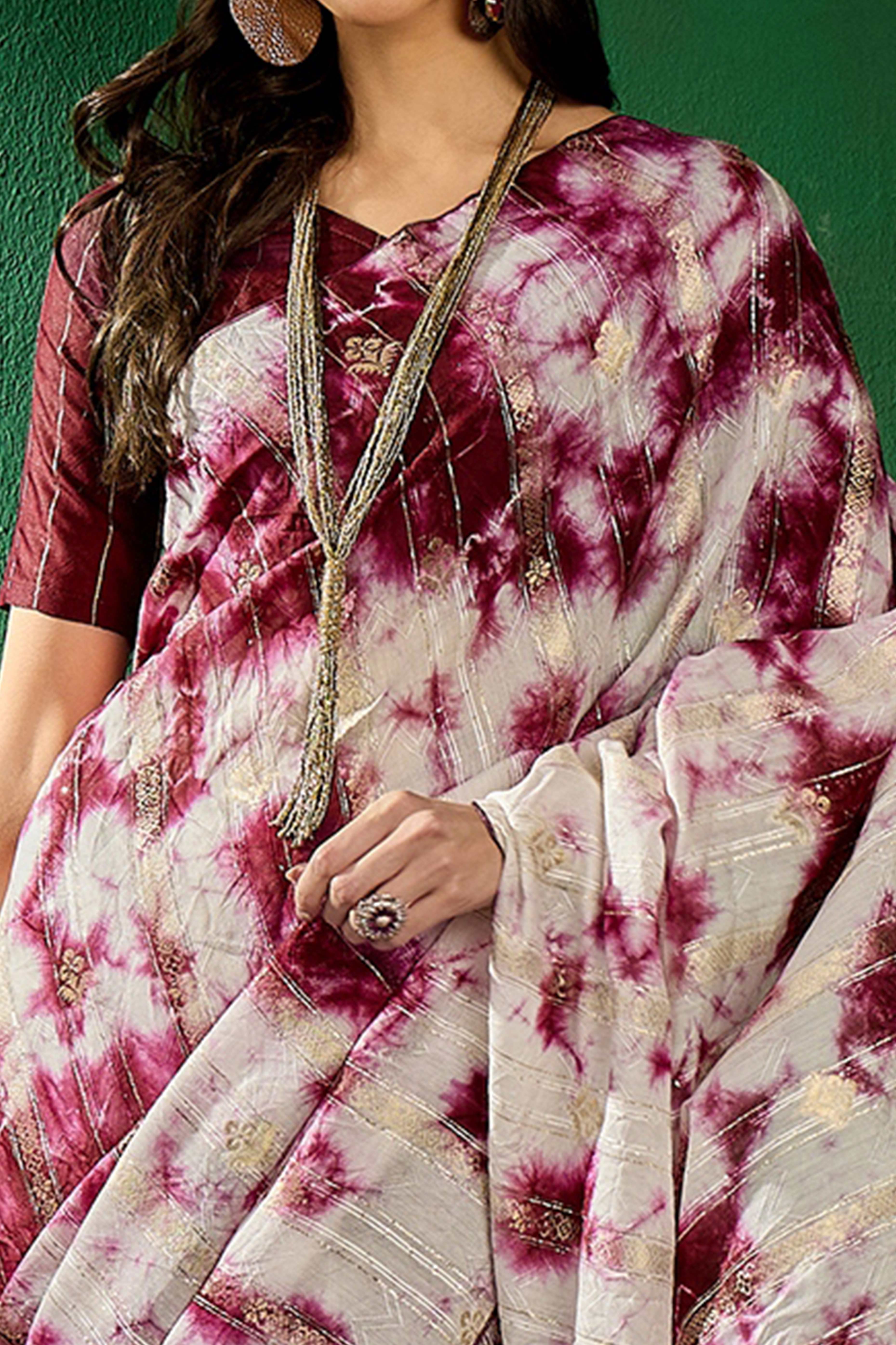 Floral Zari Woven Wine Saree In Cotton Blend With Sparkling Sequins & Elegant Tassel Pallu - Image 2