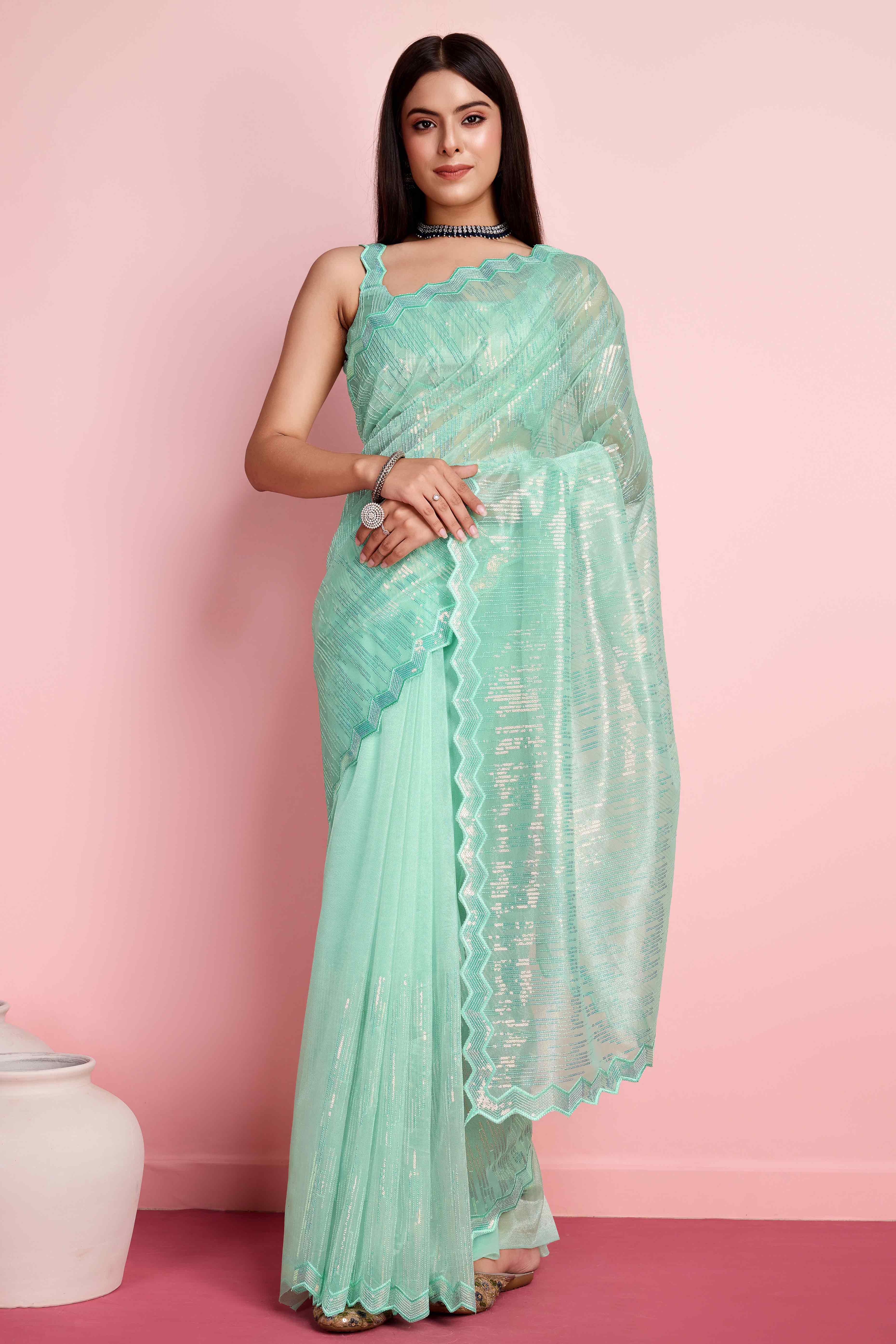 Foam Sea Green Sequins Embroidered Silver Twill Net Saree - Image 3
