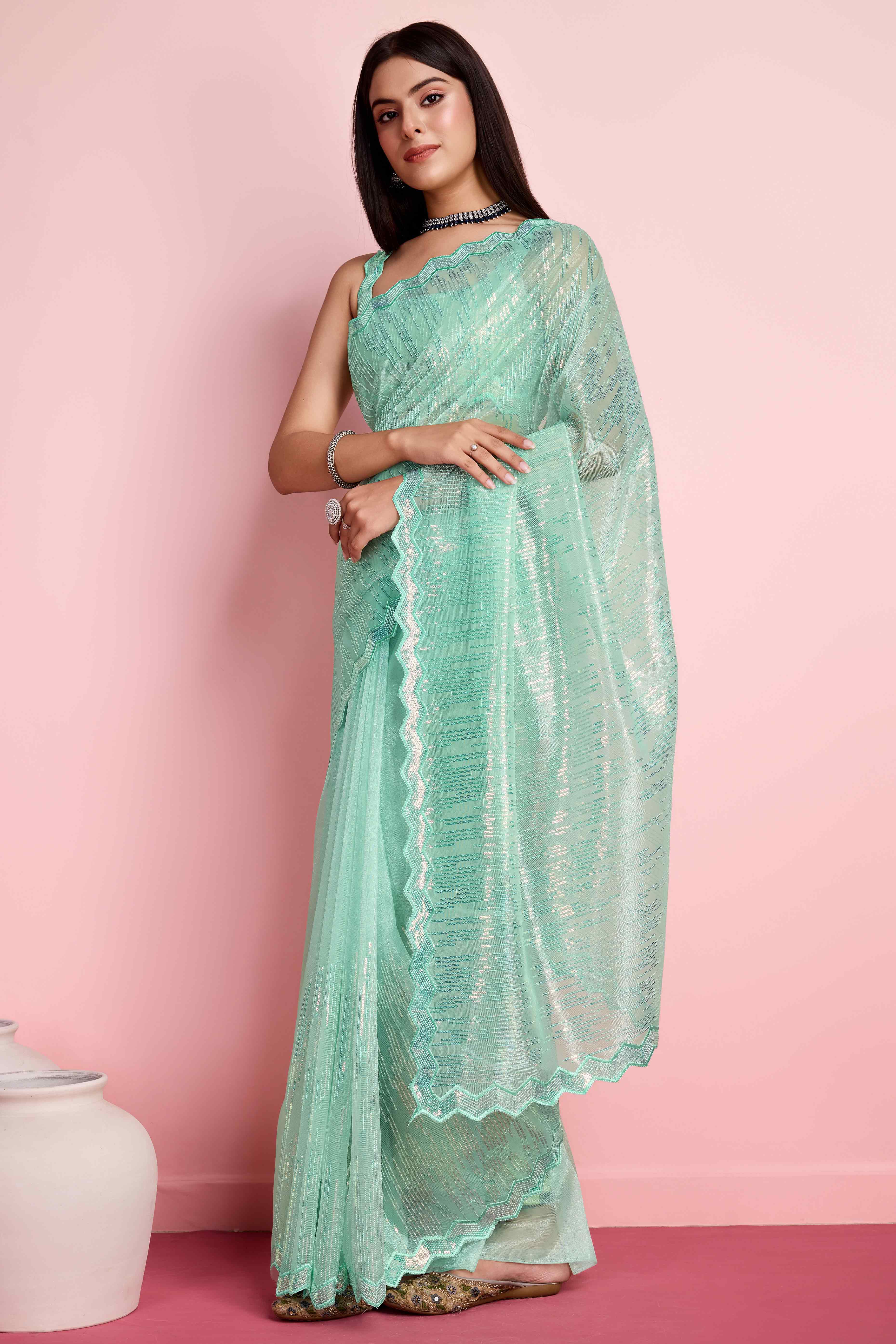 Foam Sea Green Sequins Embroidered Silver Twill Net Saree - Image 4