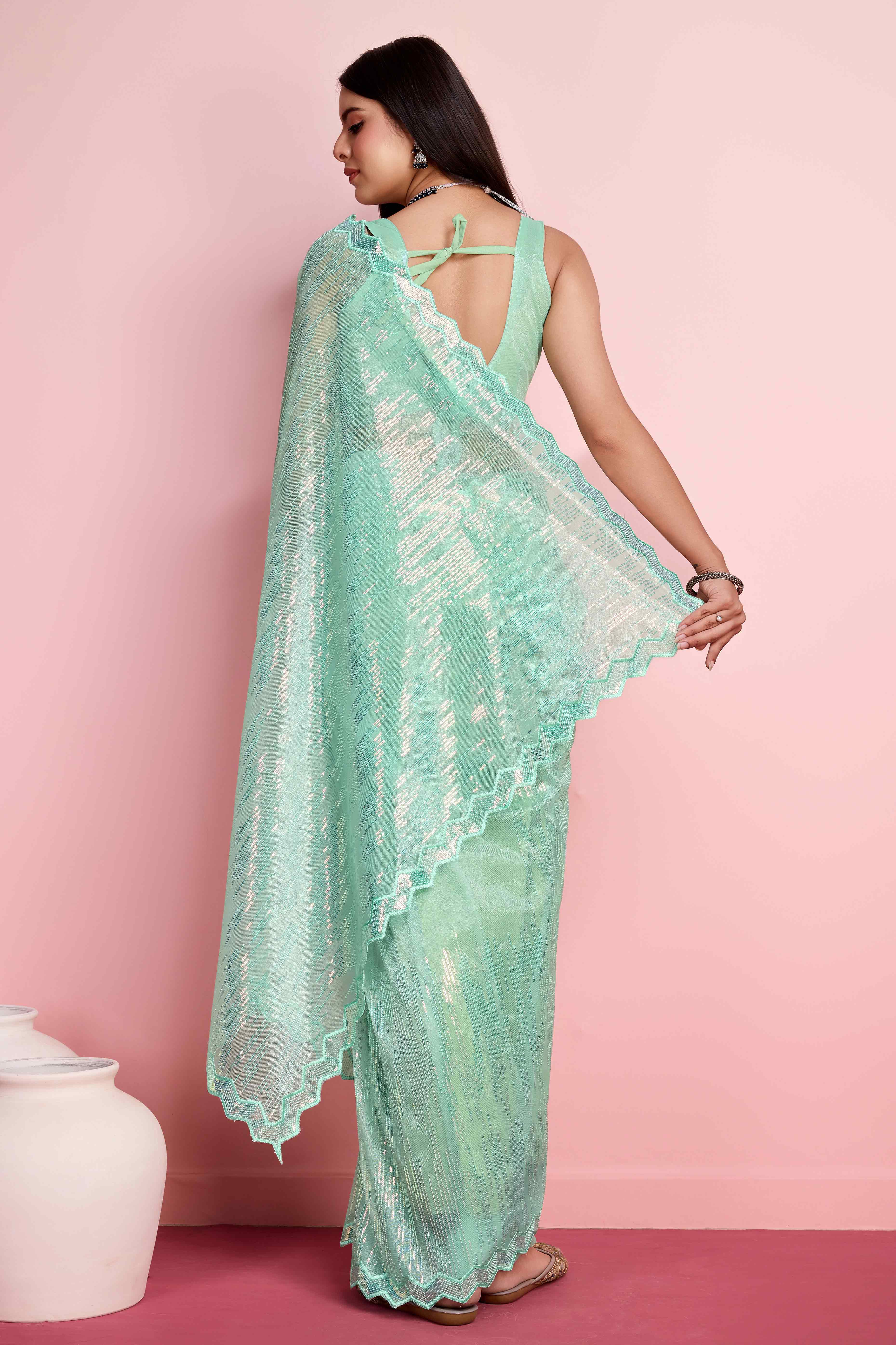 Foam Sea Green Sequins Embroidered Silver Twill Net Saree - Image 5