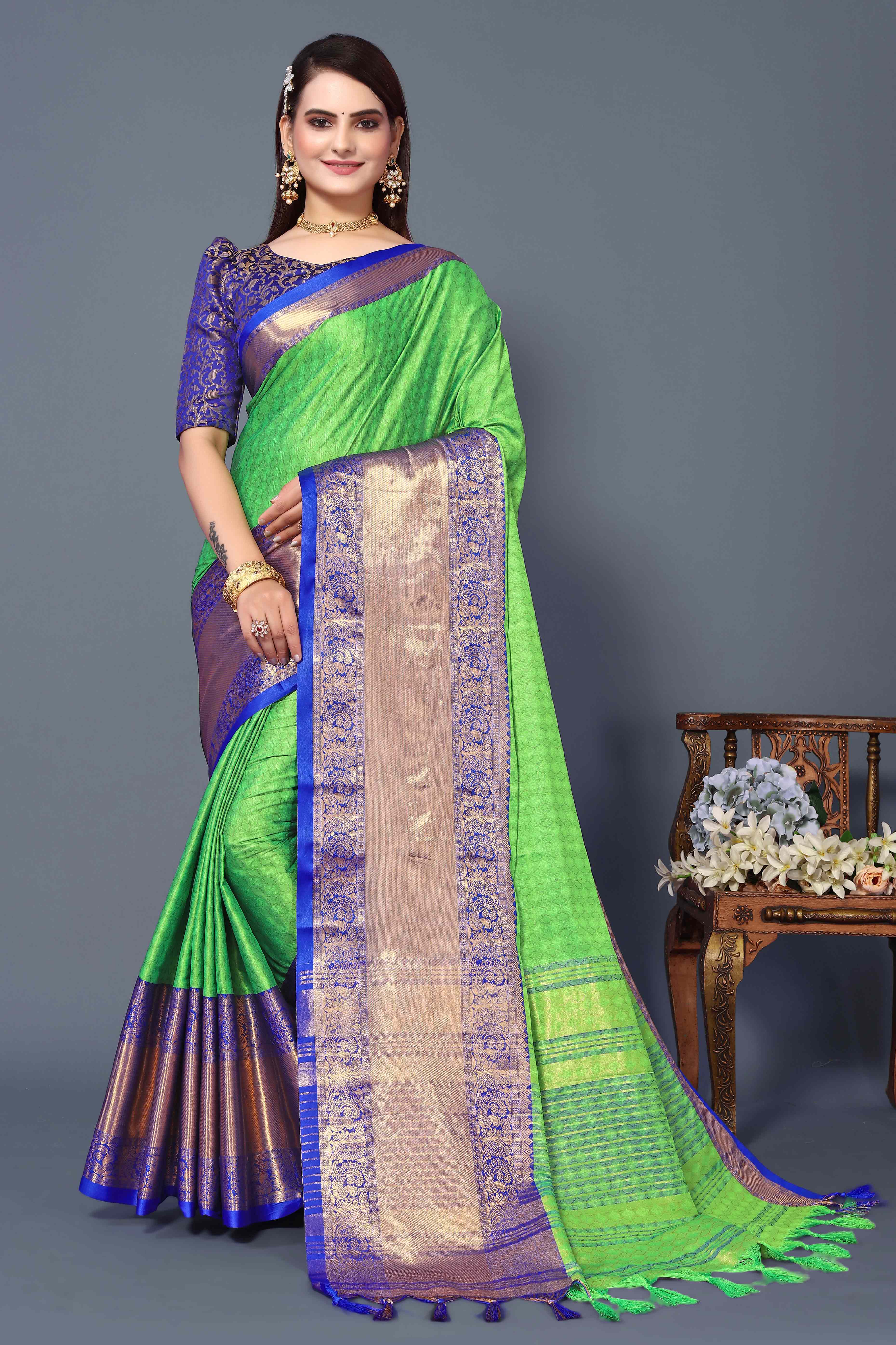 Fresh Green Zari Weaving Cotton Silk Saree - Image 3