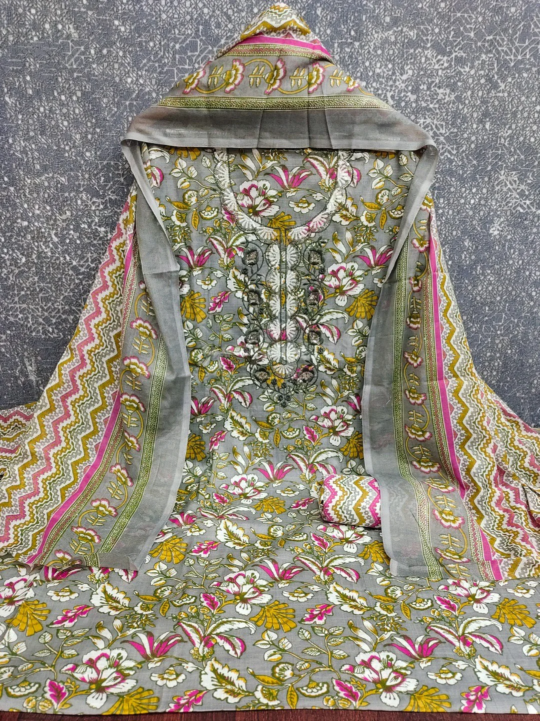 Fresh Grey Floral Printed Cotton Blend Dress Material With Elegant Sequins Embroidery Work On Neck - Image 2