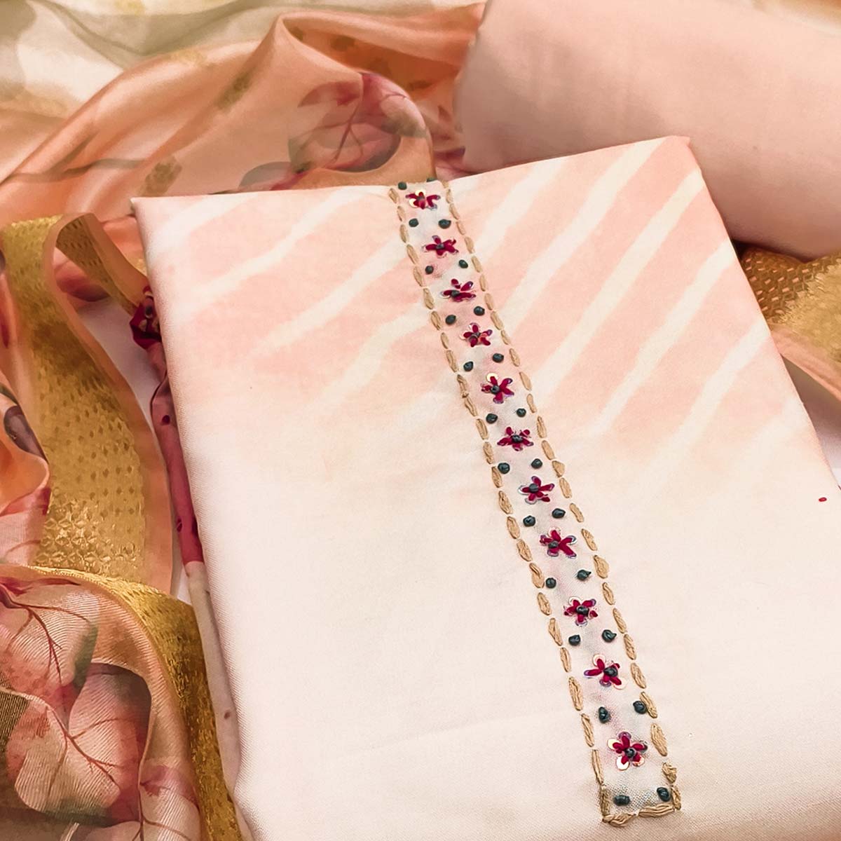Fresh Peach Leaf Digital Printed Rayon Dress Material With Sequins & Delicate Handwork - Image 2