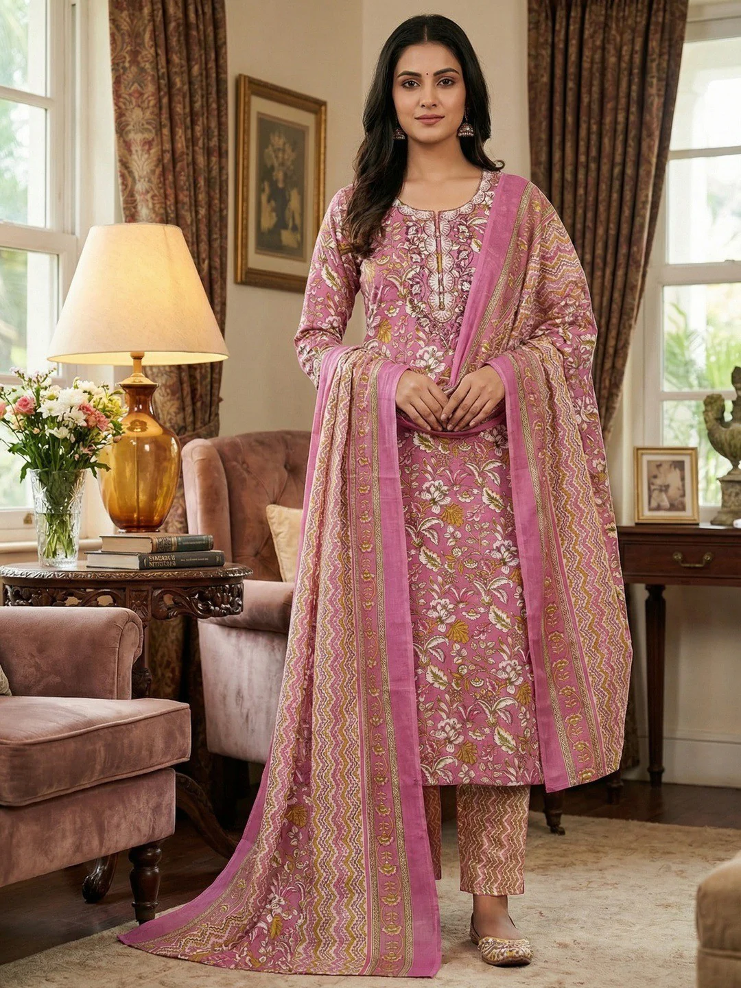 Fresh Pink Floral Printed Cotton Blend Dress Material With Elegant Sequins Embroidery Work On Neck