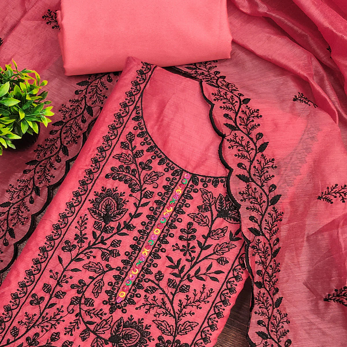 Gajari Pink Chanderi Cotton Dress Material Accented With Delicate Floral Thread Work - Image 2