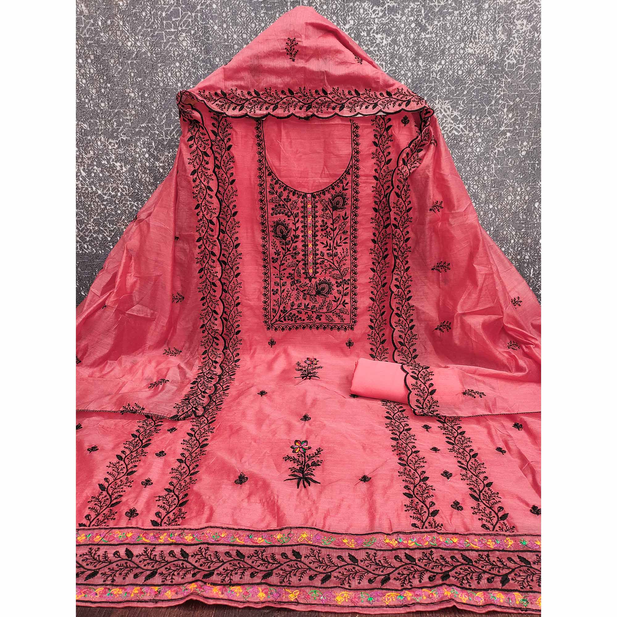 Gajari Pink Chanderi Cotton Dress Material Accented With Delicate Floral Thread Work - Image 3