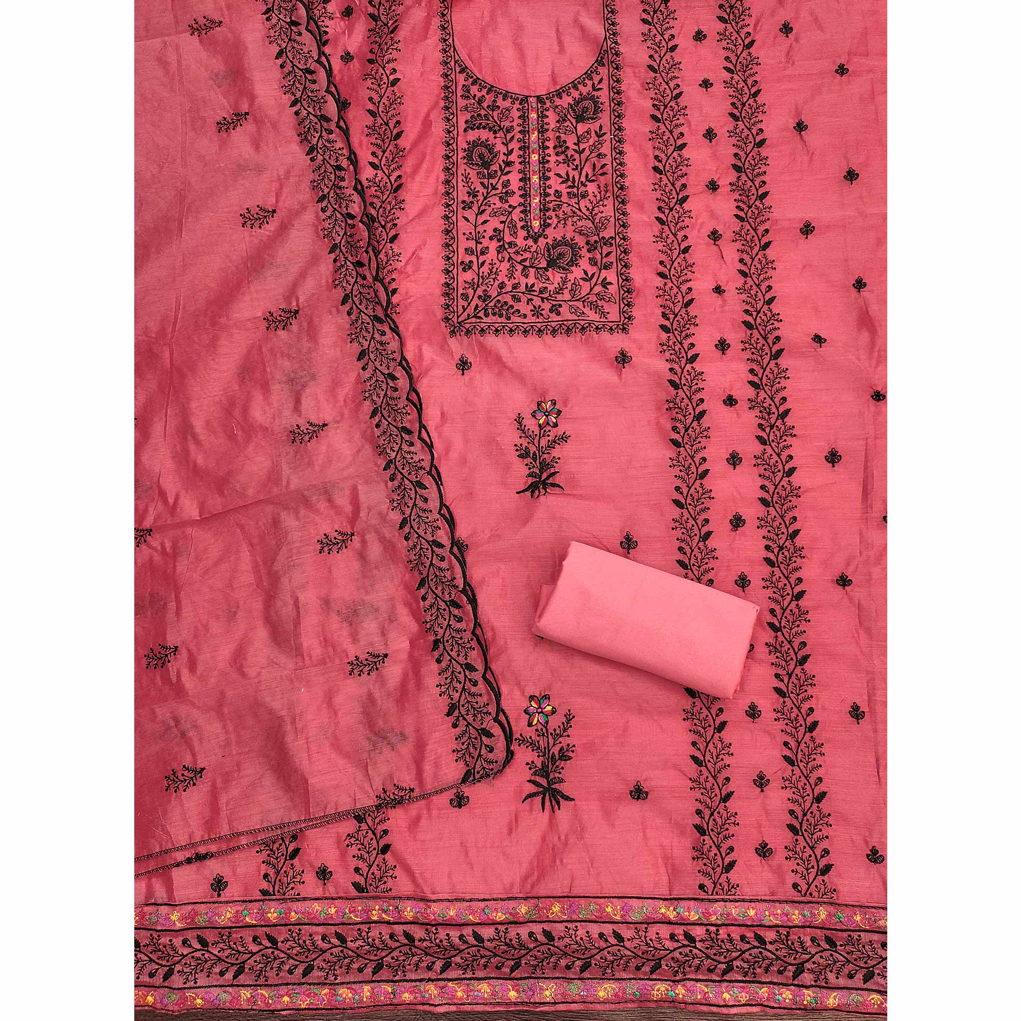 Gajari Pink Chanderi Cotton Dress Material Accented With Delicate Floral Thread Work - Image 4