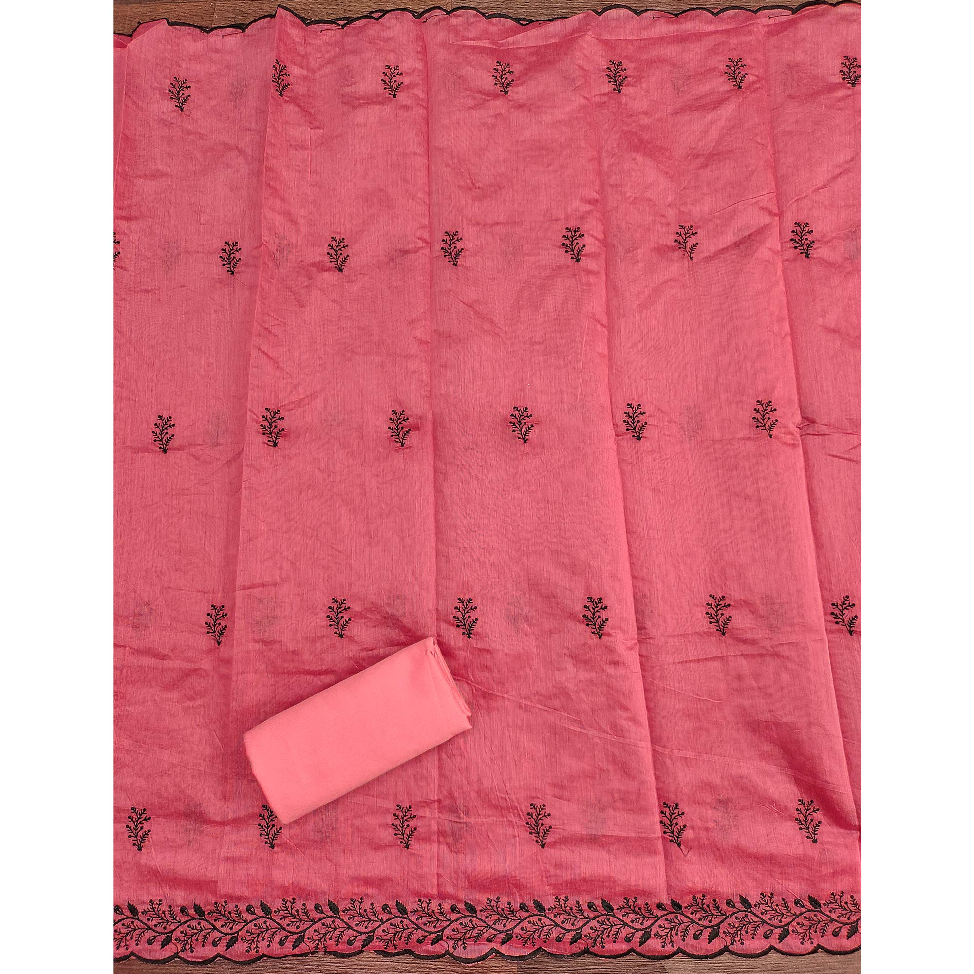 Gajari Pink Chanderi Cotton Dress Material Accented With Delicate Floral Thread Work - Image 5
