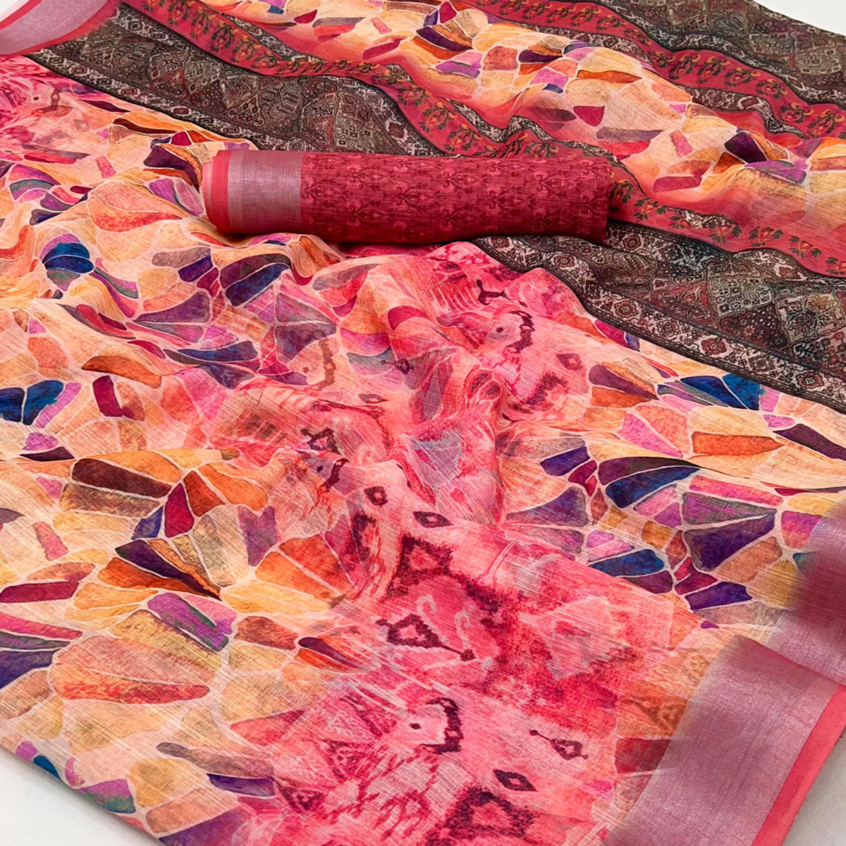 Gajari Pink Digital Printed Linen Saree With Woven Border - Image 2