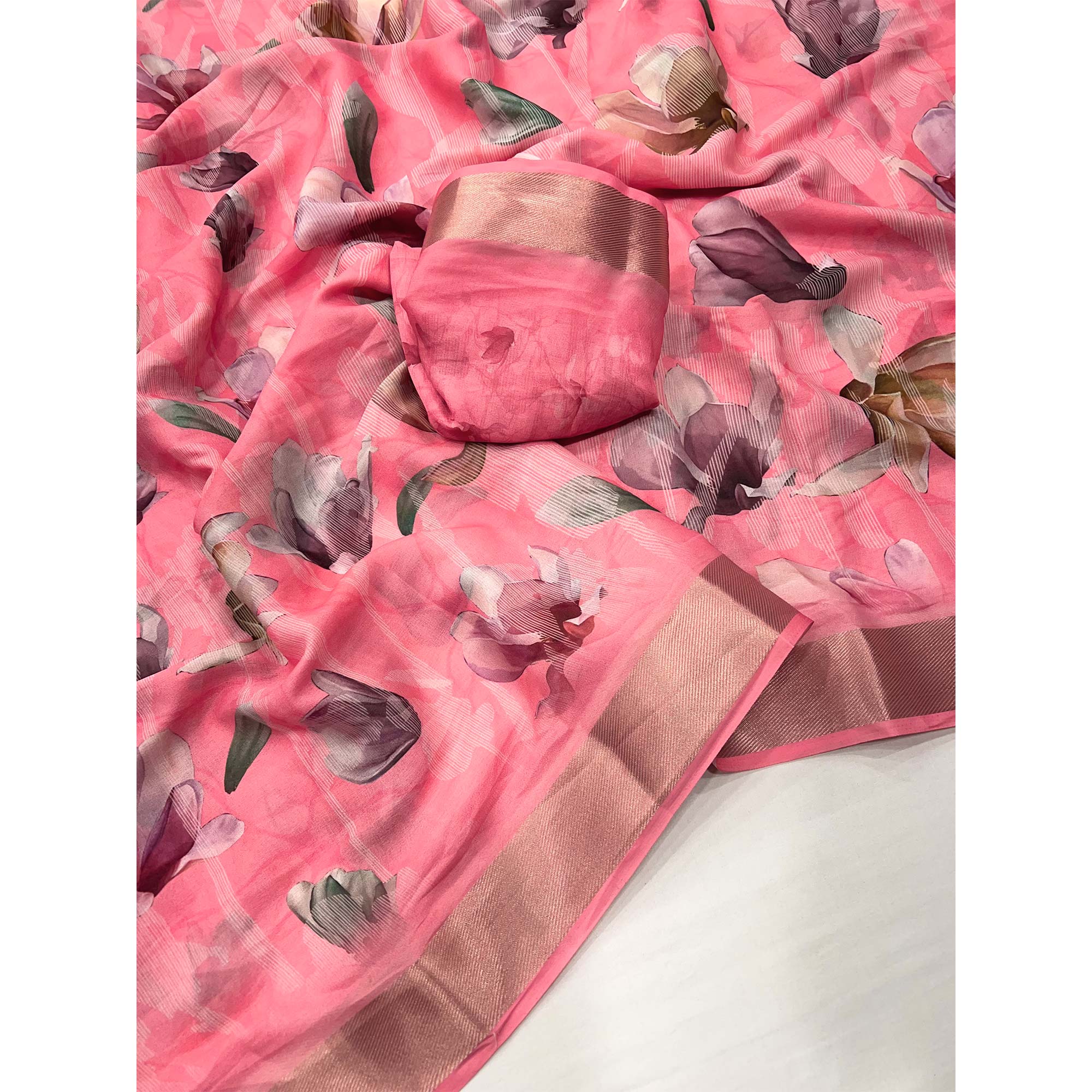 Gajari Pink Floral Digital Printed Moss Georgette Saree With Zari Border - Image 3