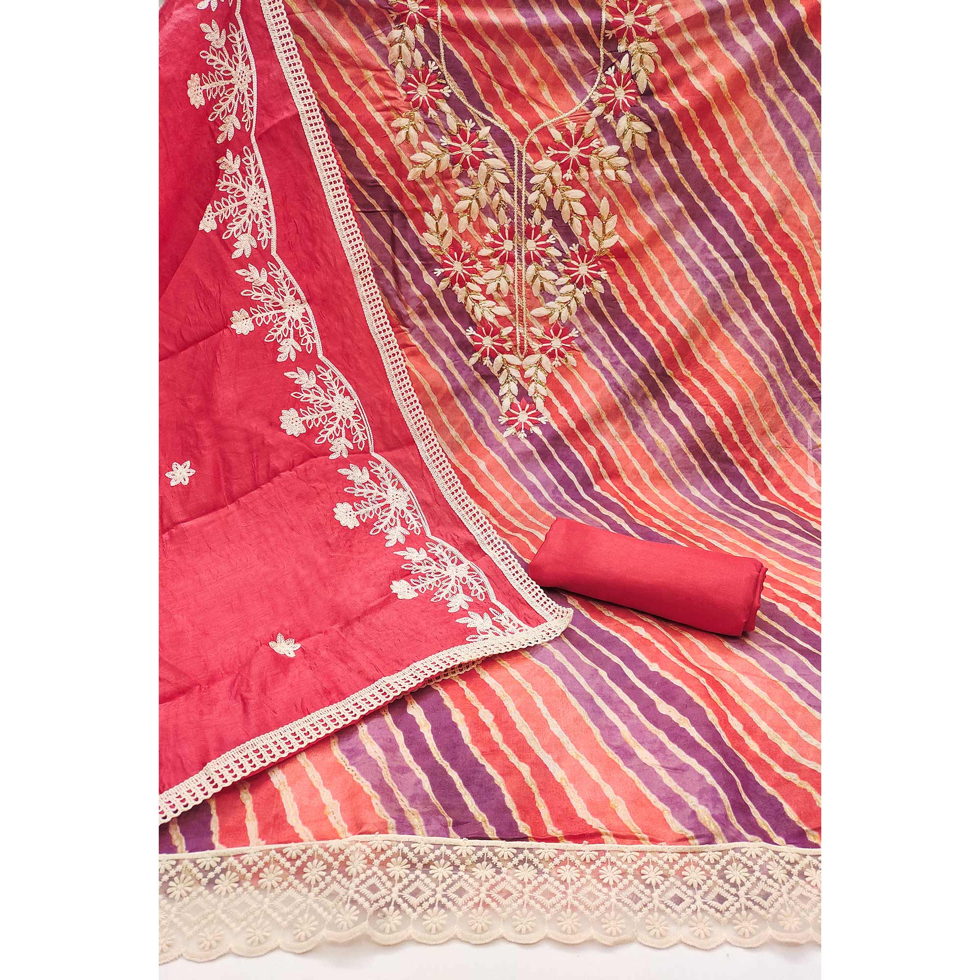 Gajari Pink Floral Embroidery With Printed Cotton Roman Silk Dress Material - Image 3