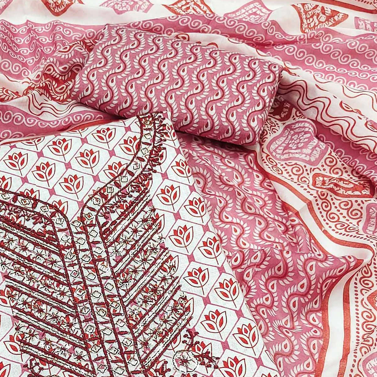 Gajari Pink Floral Printed With Sequins Embroidered Pure Cotton Dress Material - Image 2