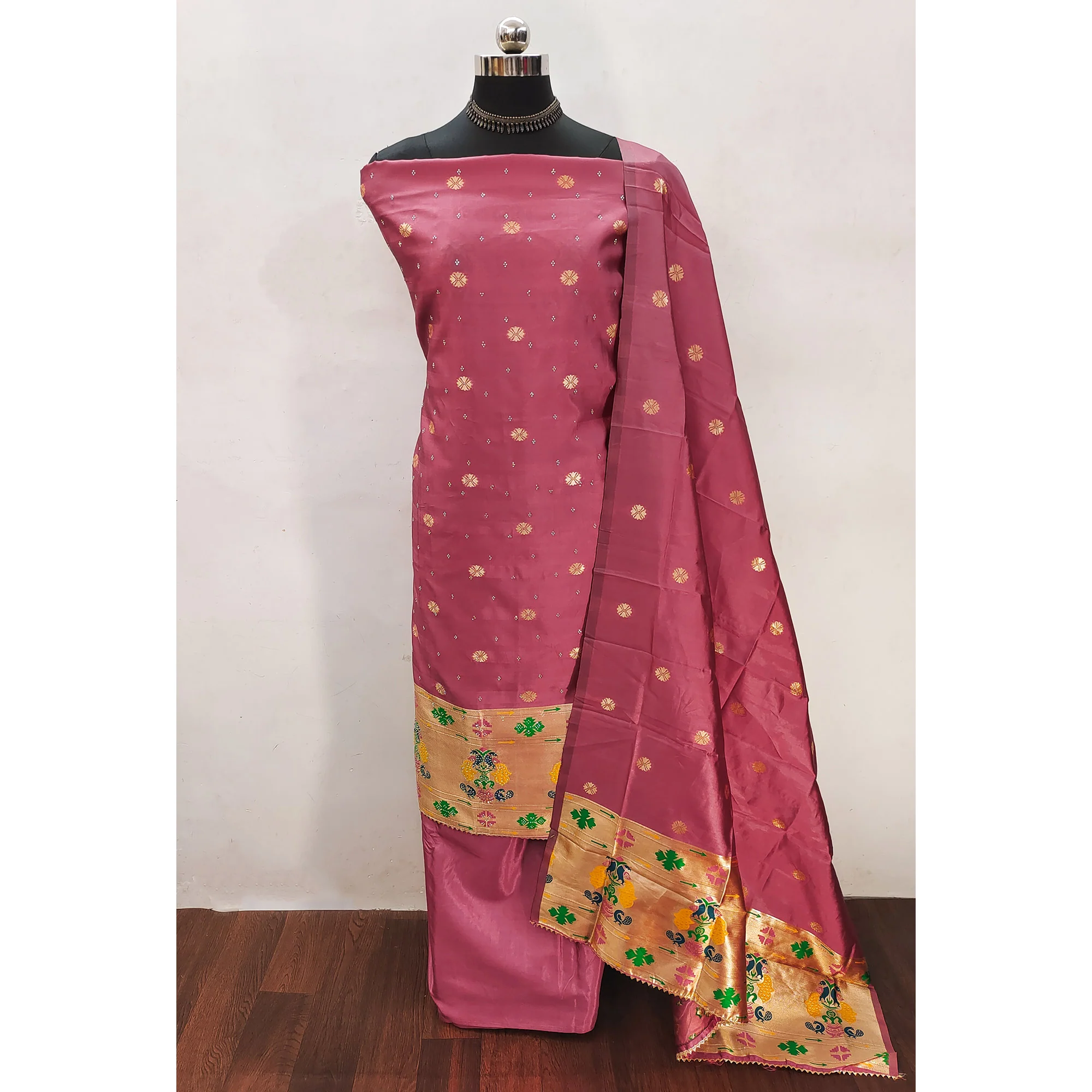 Gajari Pink Floral Woven With Swarovski Work Banarasi Silk Dress Material - Image 3