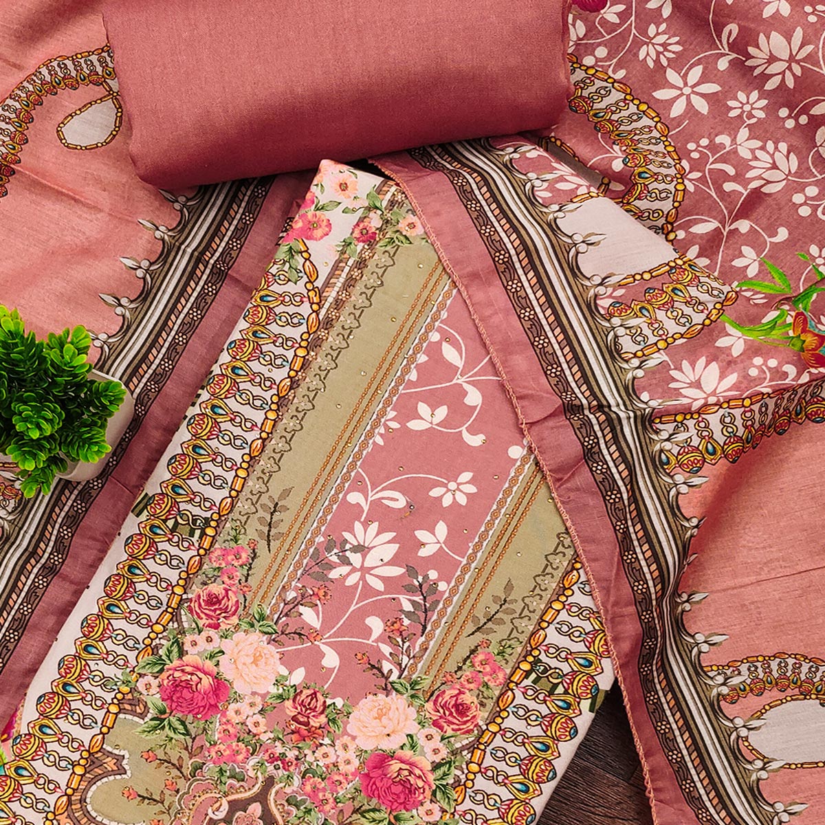 Gajari Pink Muslin Dress Material Featuring Elegant Floral Digital Print With Swarovski Work - Image 2