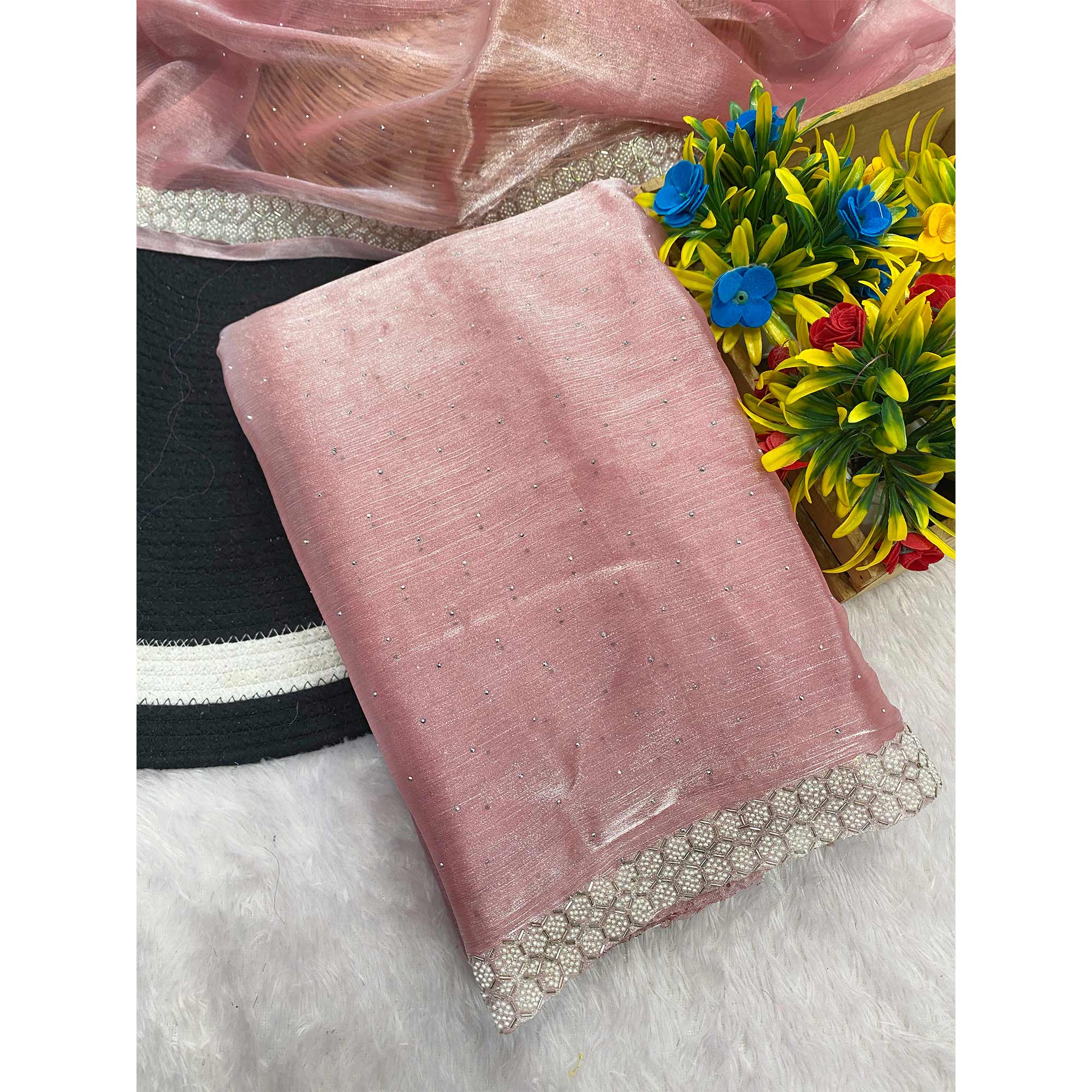 Gajari Pink Satin Burberry Saree Adorned With Sparkling Swarovski & Elegant Moti Work Border - Image 4