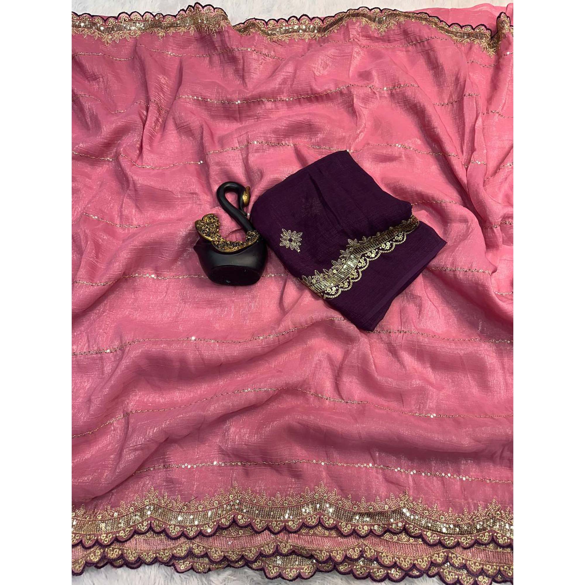 Gajari Pink Sequins Embroidered Tussar silk Saree - Image 3